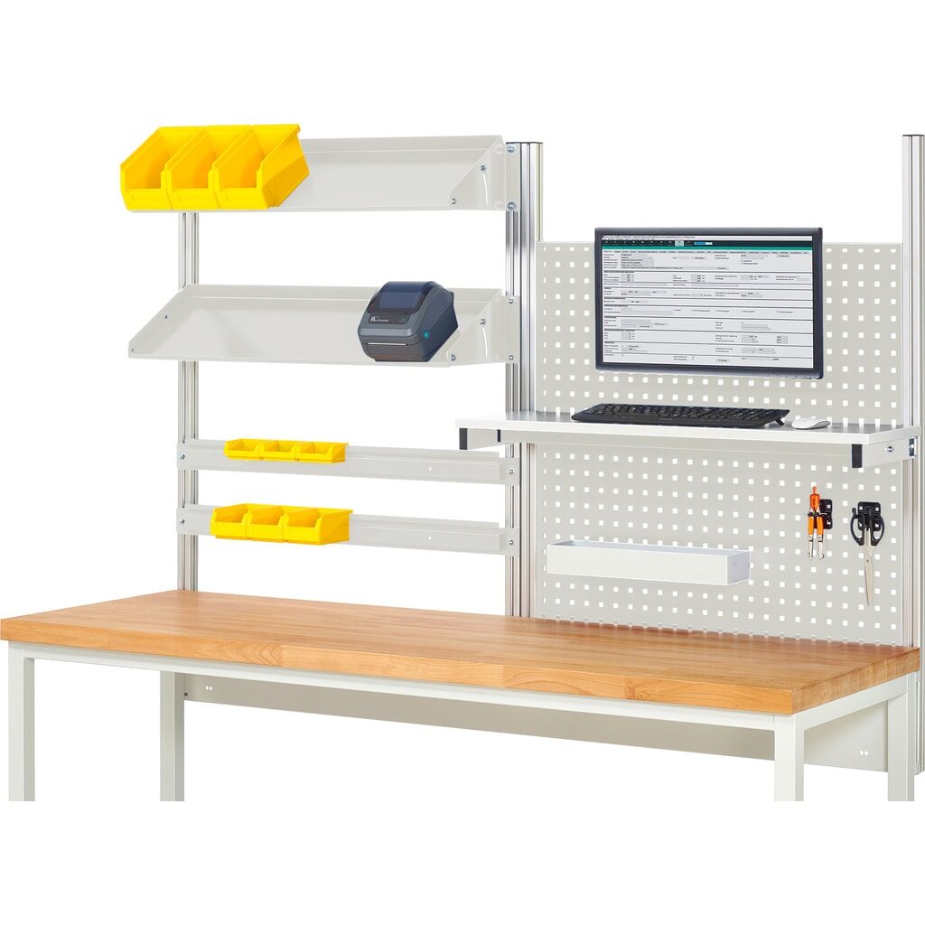 Module d’établi RAU, haut. x larg. x prof. 1 130 x 2 000 x 350 mm, avec 1 étagère, 2 rails de fixation, 2 surfaces métalliques inclinables et 1 support pour écran plat, kit complet 05 pour largeur de produit 2 000 mm Illustration du produit: Module d’établi RAU, haut. x larg. x prof. 1 130 x 2 000 x 350 mm, avec 1 étagère, 2 rails de fixation, 2 surfaces métalliques inclinables et 1 support pour écran plat, kit complet 05 pour largeur de produit 2 000 mm