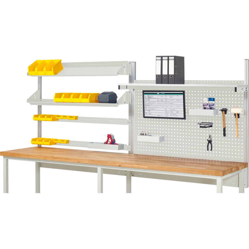 Module d’établi RAU, haut. x larg. x prof. 1 130 x 3 000 x 3 000 mm, avec 1 étagère, 2 rails de fixation, 2 surfaces métalliques inclinables et 1 support pour écran plat, kit complet 05 pour largeur de produit 3 000 mm Illustration du produit: Module d’établi RAU, haut. x larg. x prof. 1 130 x 3 000 x 3 000 mm, avec 1 étagère, 2 rails de fixation, 2 surfaces métalliques inclinables et 1 support pour écran plat, kit complet 05 pour largeur de produit 3 000 mm