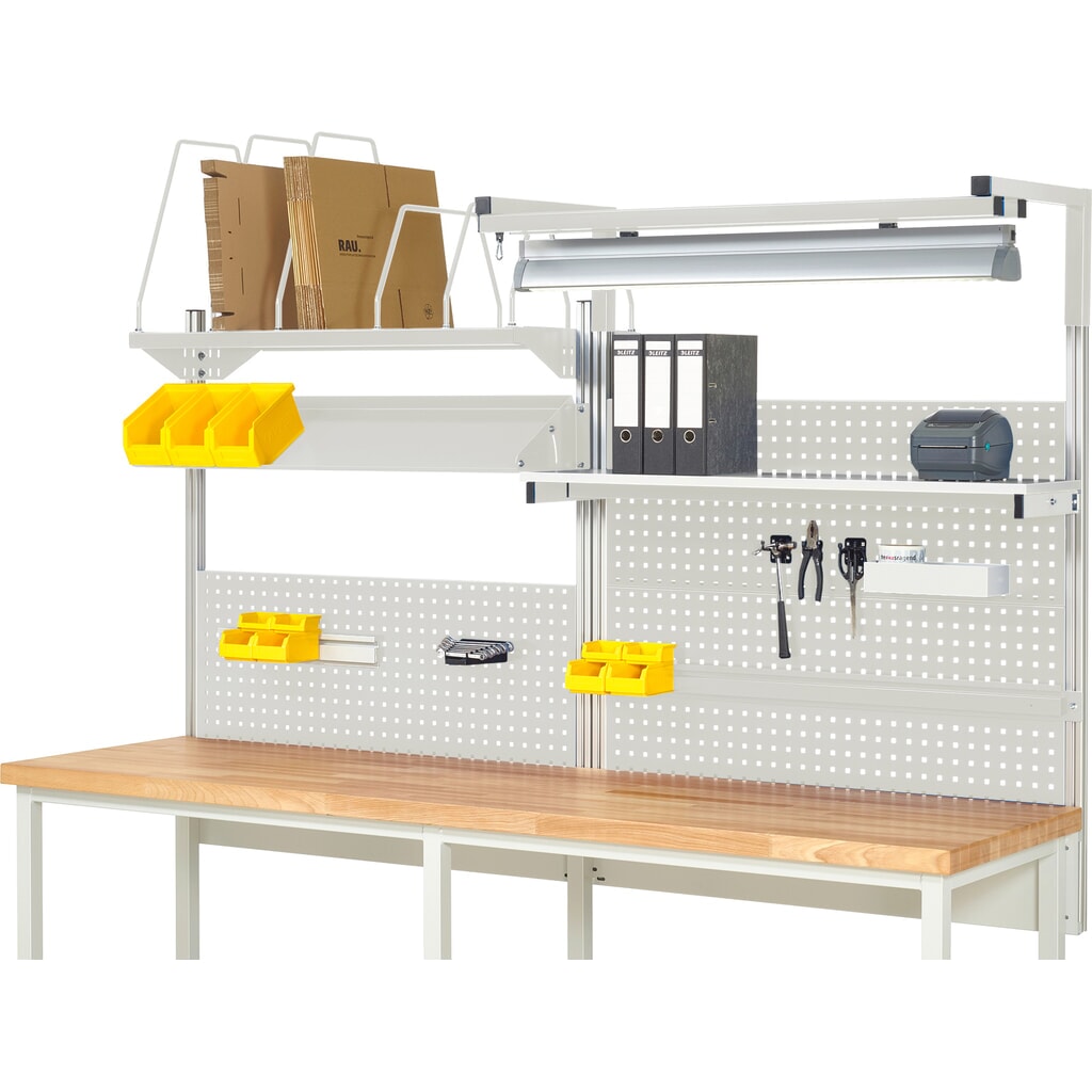 Module d’établi RAU, haut. x larg. x prof. 1 380 x 2 500 x 2 500 mm, avec 1 étagère, 1 rail de fixation, 1 surface métallique inclinable, 1 support pour écran plat et 1 lampe, kit complet 06 pour largeur de produit 2 500 mm Illustration du produit: Module d’établi RAU, haut. x larg. x prof. 1 380 x 2 500 x 2 500 mm, avec 1 étagère, 1 rail de fixation, 1 surface métallique inclinable, 1 support pour écran plat et 1 lampe, kit complet 06 pour largeur de produit 2 500 mm