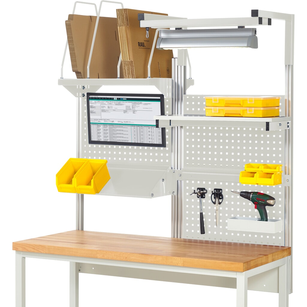 Module d’établi RAU, haut. x larg. x prof. 1 380 x 1 500 x 1 500 mm, avec 1 étagère, 1 rail de fixation, 1 surface métallique inclinable, 1 support pour écran plat et 1 lampe, kit complet 06 pour largeur de produit 1 500 mm Illustration du produit: Module d’établi RAU, haut. x larg. x prof. 1 380 x 1 500 x 1 500 mm, avec 1 étagère, 1 rail de fixation, 1 surface métallique inclinable, 1 support pour écran plat et 1 lampe, kit complet 06 pour largeur de produit 1 500 mm