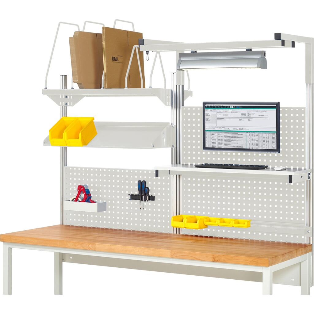 Module d’établi RAU, haut. x larg. x prof. 1 380 x 2 000 x 2 000 mm, avec 1 étagère, 1 rail de fixation, 1 surface métallique inclinable, 1 support pour écran plat et 1 lampe, kit complet 06 pour largeur de produit 2 000 mm Illustration du produit: Module d’établi RAU, haut. x larg. x prof. 1 380 x 2 000 x 2 000 mm, avec 1 étagère, 1 rail de fixation, 1 surface métallique inclinable, 1 support pour écran plat et 1 lampe, kit complet 06 pour largeur de produit 2 000 mm
