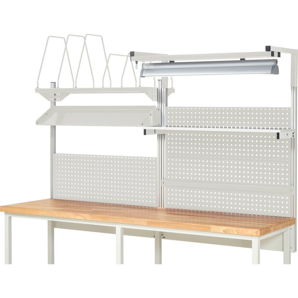 Module d’établi RAU, haut. x larg. x prof. 1 380 x 2 500 x 2 500 mm, avec 1 étagère, 1 rail de fixation, 1 surface métallique inclinable, 1 support pour écran plat et 1 lampe, kit complet 06 pour largeur de produit 2 500 mm N° de l'image du produit 2 : Module d’établi RAU, haut. x larg. x prof. 1 380 x 2 500 x 2 500 mm, avec 1 étagère, 1 rail de fixation, 1 surface métallique inclinable, 1 support pour écran plat et 1 lampe, kit complet 06 pour largeur de produit 2 500 mm