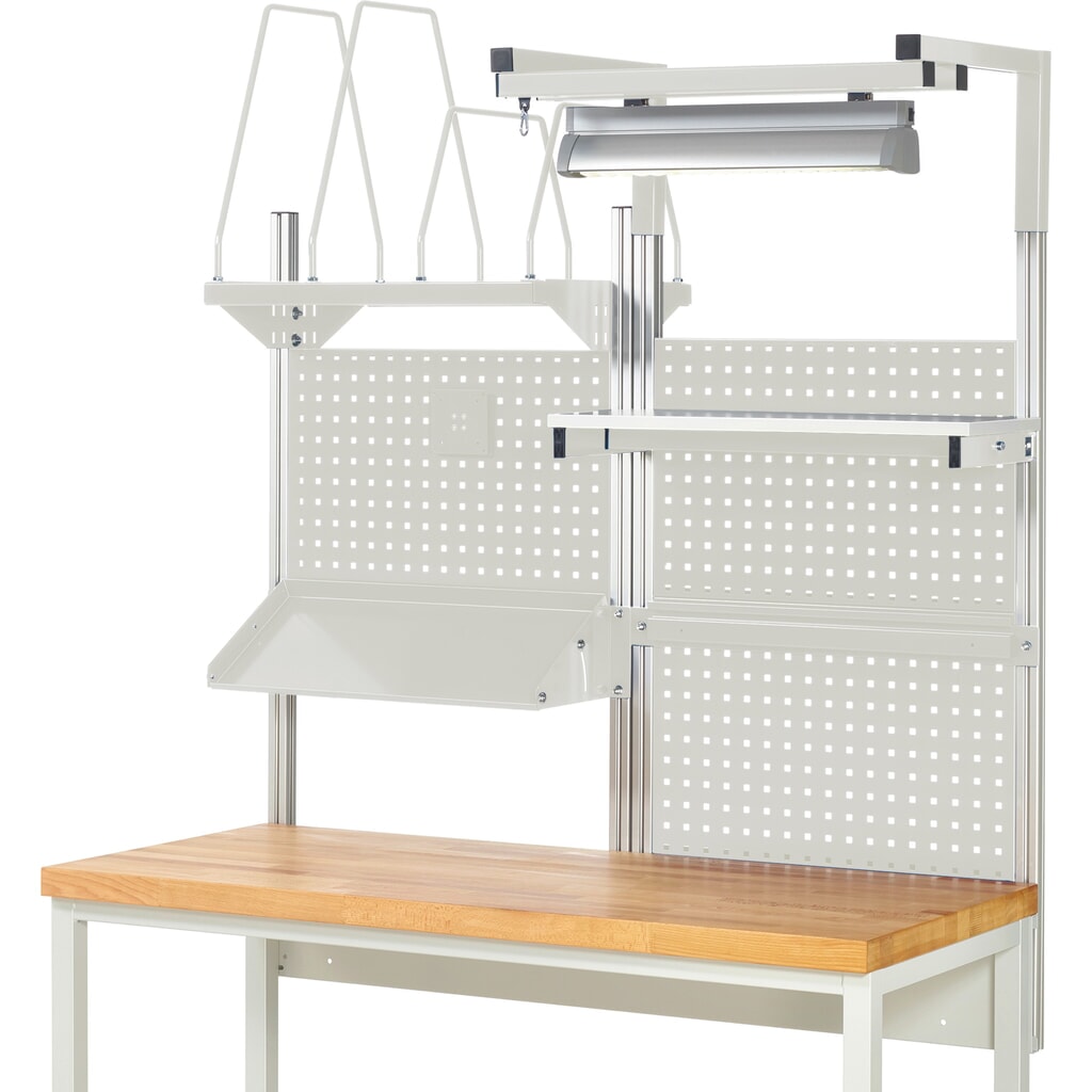 N° de l'image du produit 2 : Module d’établi RAU, haut. x larg. x prof. 1 380 x 1 500 x 1 500 mm, avec 1 étagère, 1 rail de fixation, 1 surface métallique inclinable, 1 support pour écran plat et 1 lampe, kit complet 06 pour largeur de produit 1 500 mm