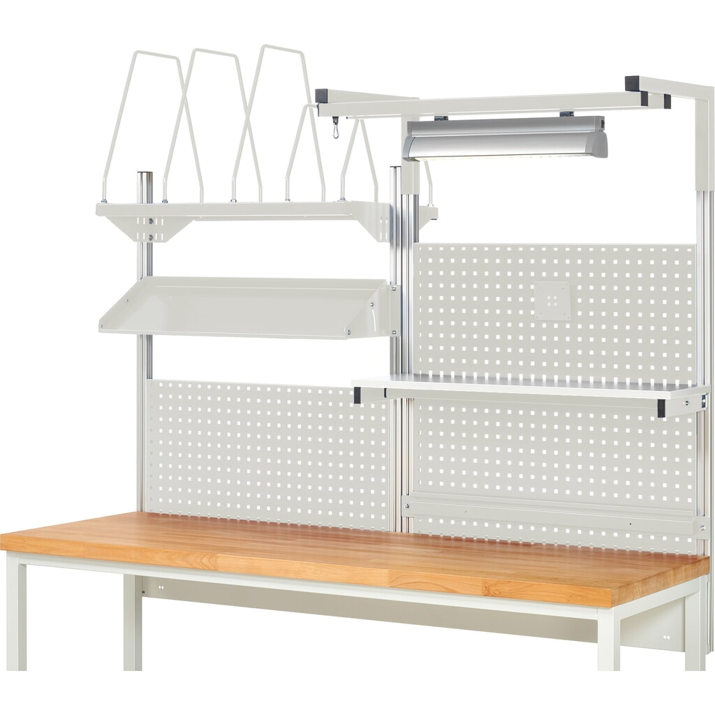 Module d’établi RAU, haut. x larg. x prof. 1 380 x 2 000 x 2 000 mm, avec 1 étagère, 1 rail de fixation, 1 surface métallique inclinable, 1 support pour écran plat et 1 lampe, kit complet 06 pour largeur de produit 2 000 mm N° de l'image du produit 2 : Module d’établi RAU, haut. x larg. x prof. 1 380 x 2 000 x 2 000 mm, avec 1 étagère, 1 rail de fixation, 1 surface métallique inclinable, 1 support pour écran plat et 1 lampe, kit complet 06 pour largeur de produit 2 000 mm