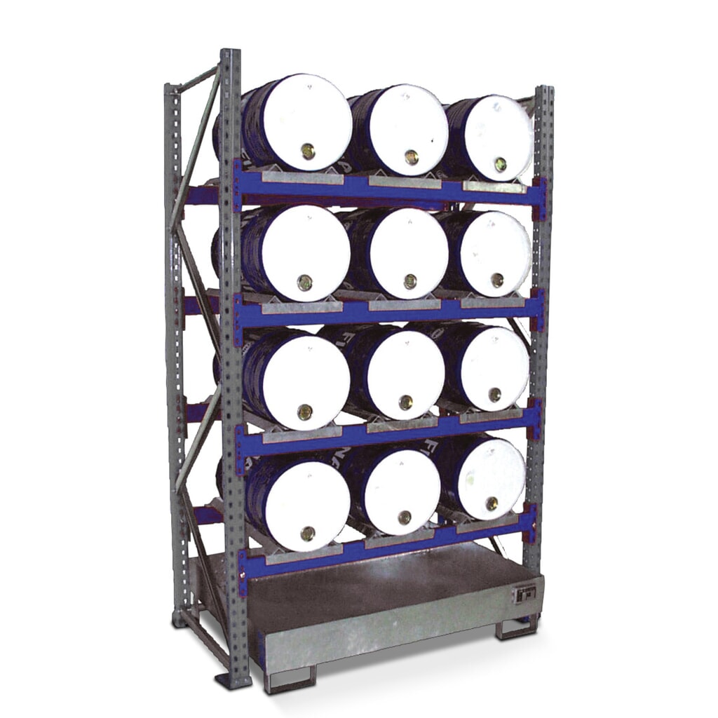 Illustration du produit: Rayonnage à fûts, bac de rétention compris, module de base, 4 niveaux, sans caillebotis grille 12 x 60 l couchés