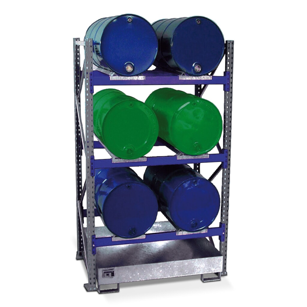 Rayonnage à fûts, bac de rétention compris, module de base, 3 niveaux, sans caillebotis grille 6 x 200 l couchés Illustration du produit: Rayonnage à fûts, bac de rétention compris, module de base, 3 niveaux, sans caillebotis grille 6 x 200 l couchés