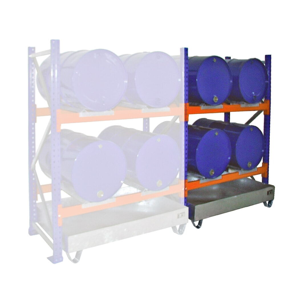 Bauer® Rayonnage à fûts, bac de rétention compris, travée auxiliaire, 2 niveaux, sans caillebotis grille 4 x 200 l couchés Illustration du produit: Bauer® Rayonnage à fûts, bac de rétention compris, travée auxiliaire, 2 niveaux, sans caillebotis grille 4 x 200 l couchés