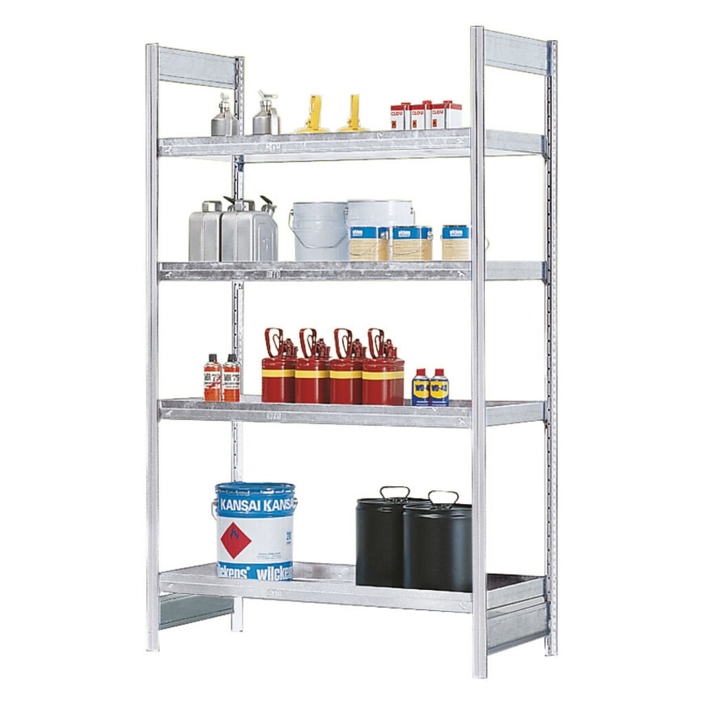 Rayonnage à matières dangereuses asecos®, pour liquides dangereux pour les eaux, 4 bacs en acier 30 l, travée auxiliaire Illustration du produit: Rayonnage à matières dangereuses asecos®, pour liquides dangereux pour les eaux, 4 bacs en acier 30 l, travée auxiliaire