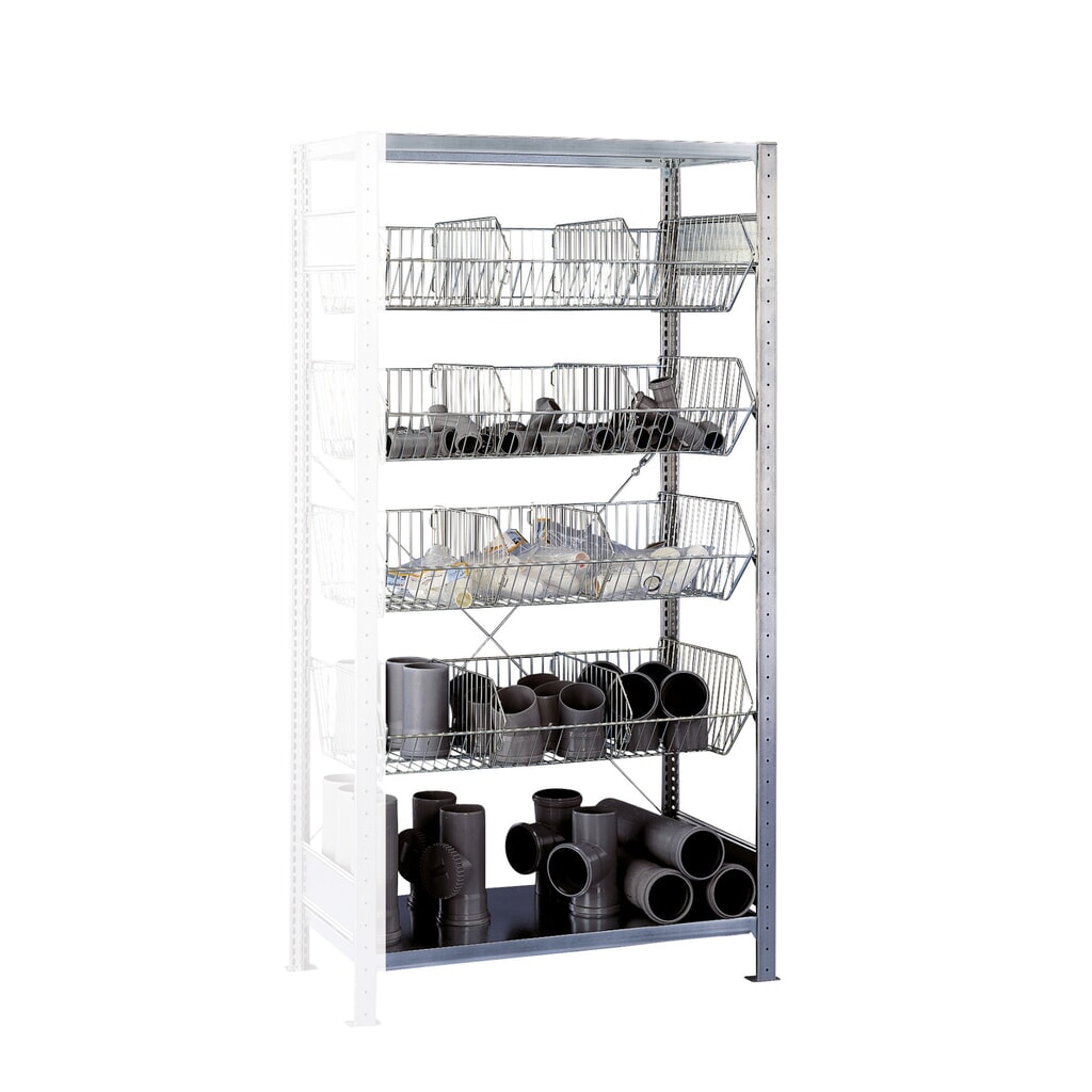 Rayonnage à tablettes SCHULTE avec paniers à mailles grossières, travée auxiliaire, HxlxP 2 000 x 1 000 x 500 mm, CT 150 kg Illustration du produit: Rayonnage à tablettes SCHULTE avec paniers à mailles grossières, travée auxiliaire, HxlxP 2 000 x 1 000 x 500 mm, CT 150 kg