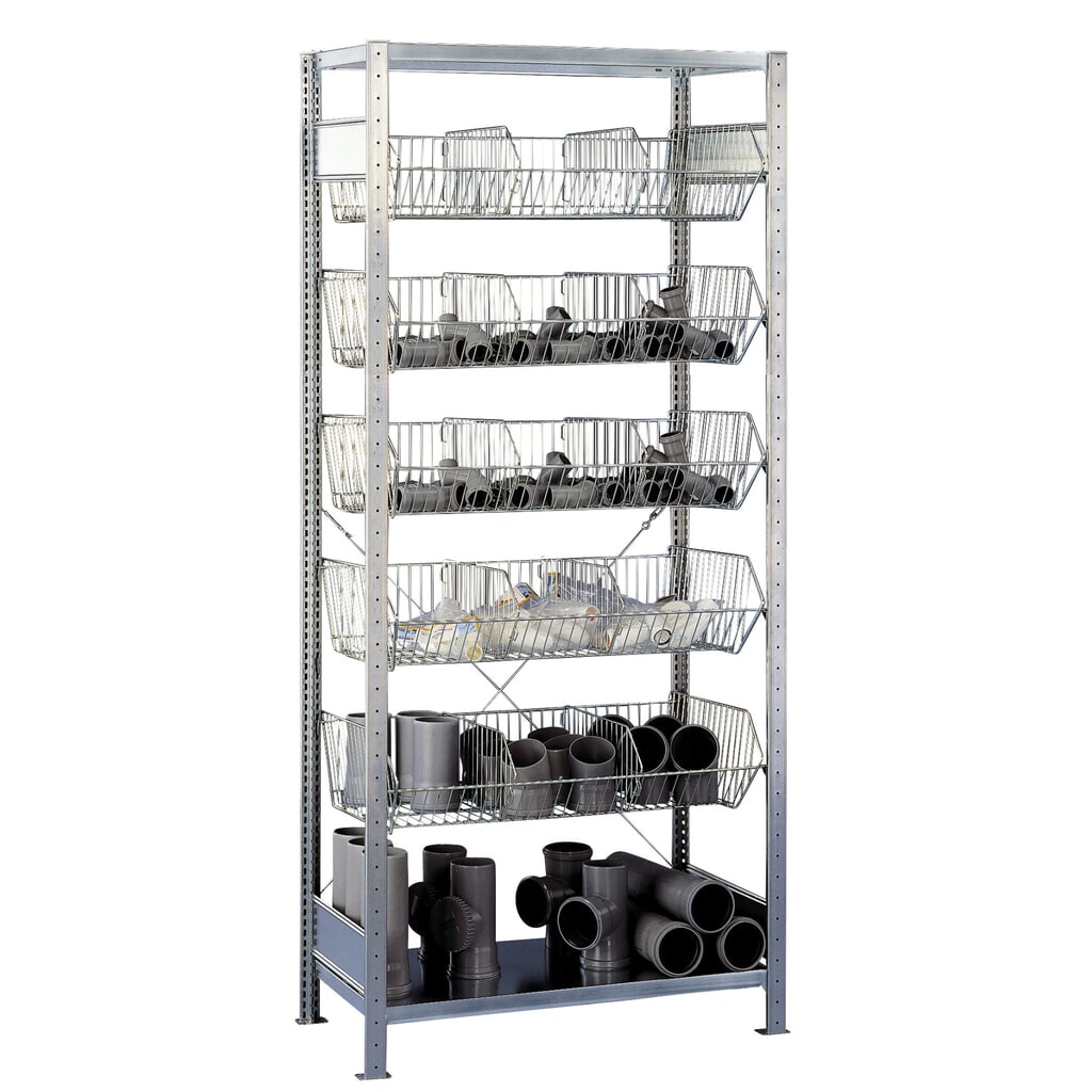 Illustration du produit: Rayonnage à tablettes SCHULTE avec paniers à mailles grossières, travée de base, HxlxP 2 300 x 1 000 x 500 mm, CT 150 kg