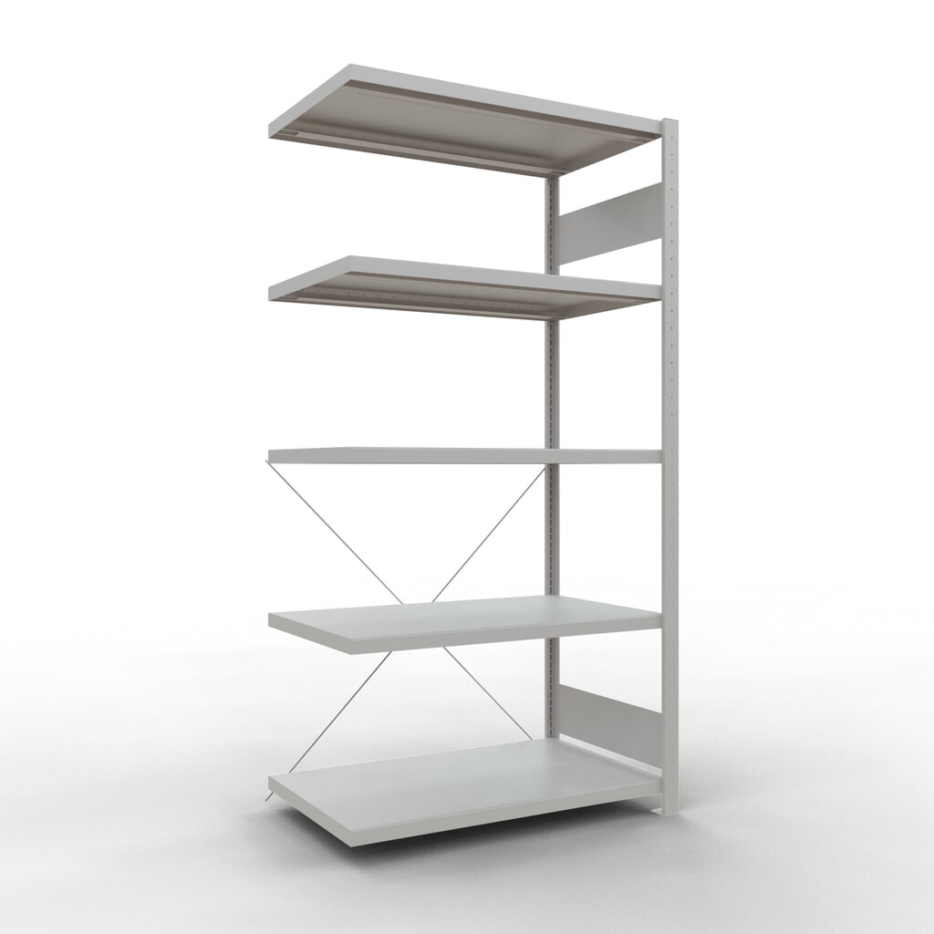 Rayonnage à tablettes SCHULTE, système à emboîter, travée auxiliaire, charge par tablette 330 kg, gris clair, HxlxP 2000 x 1000 x 600 mm Illustration du produit: Rayonnage à tablettes SCHULTE, système à emboîter, travée auxiliaire, charge par tablette 330 kg, gris clair, HxlxP 2000 x 1000 x 600 mm