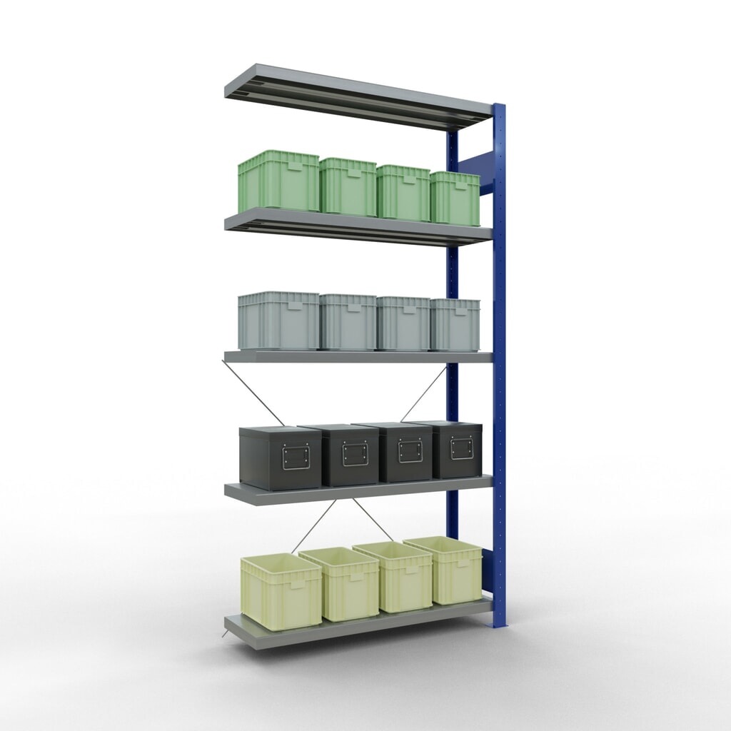 N° de l'image du produit 3 : Rayonnage à tablettes SCHULTE, montage par enfichage, travée auxiliaire, charge par tablette 330 kg, bleu gentiane/galvanisé, H x l x P 2 000 x 1 000 x 300 mm