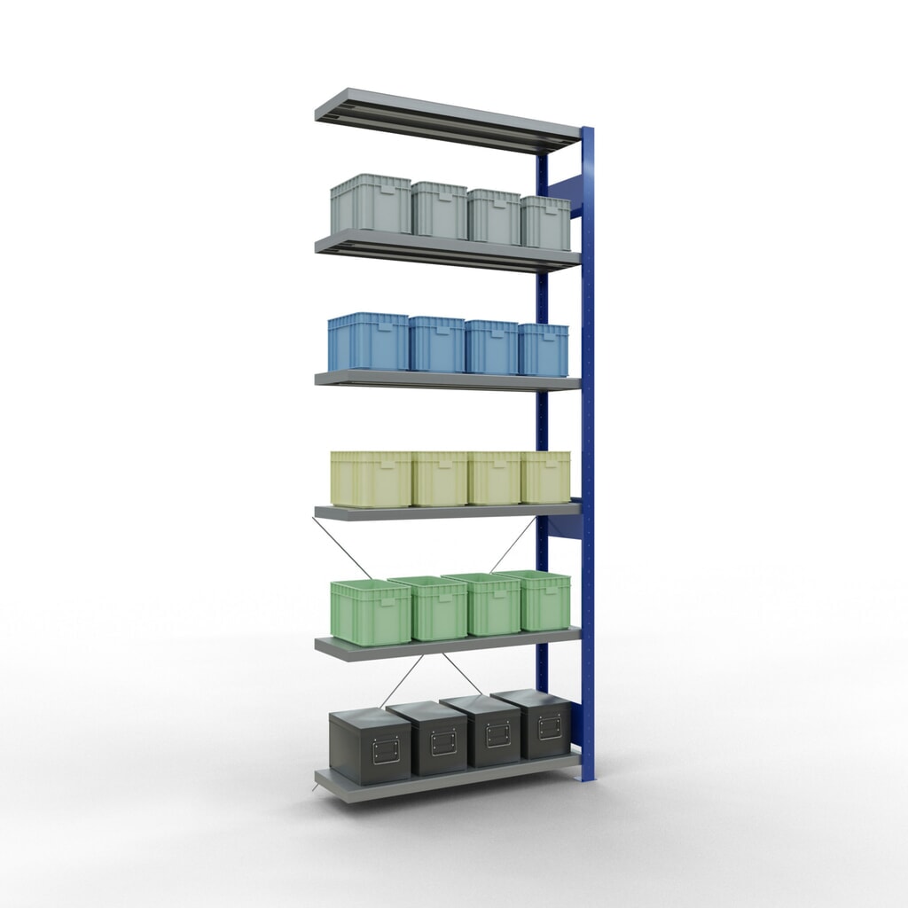 N° de l'image du produit 3 : Rayonnage à tablettes SCHULTE, montage par enfichage, travée auxiliaire, charge par tablette 330 kg, bleu gentiane/galvanisé, H x l x P 2 500 x 1 000 x 300 mm