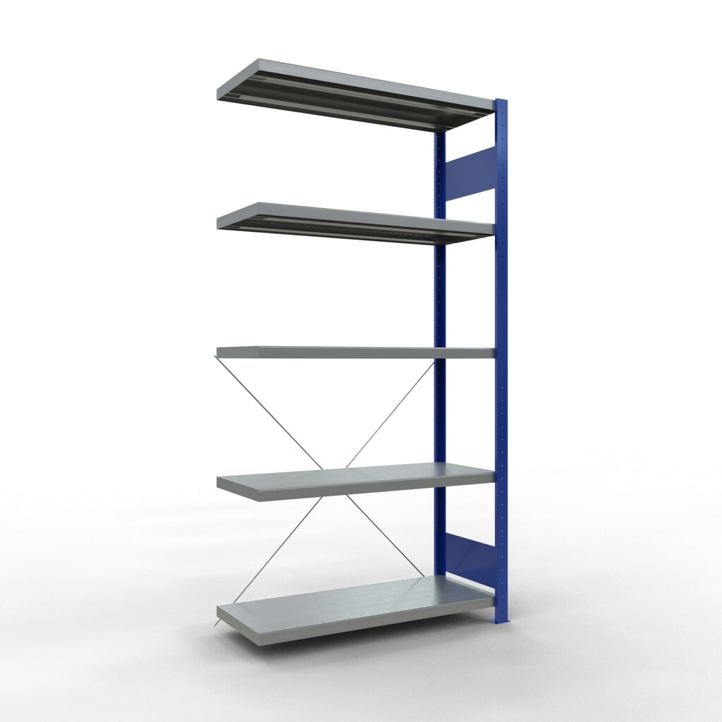 Rayonnage à tablettes SCHULTE, montage par enfichage, travée auxiliaire, charge par tablette 330 kg, bleu gentiane/galvanisé, H x l x P 2000 x 1000 x 400 mm N° de l'image du produit 1 : Rayonnage à tablettes SCHULTE, montage par enfichage, travée auxiliaire, charge par tablette 330 kg, bleu gentiane/galvanisé, H x l x P 2000 x 1000 x 400 mm