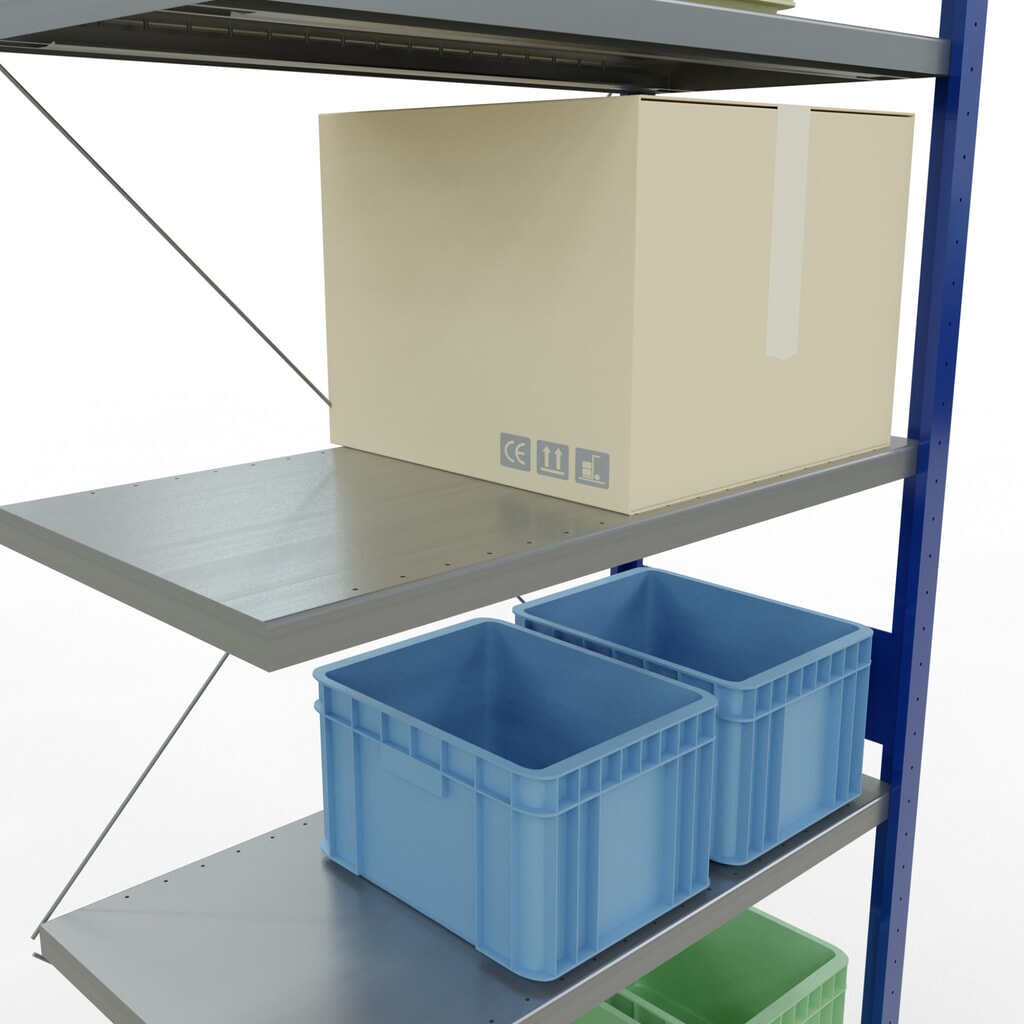 Rayonnage à tablettes SCHULTE, montage par enfichage, travée auxiliaire, charge par tablette 330 kg, bleu gentiane/galvanisé, H x l x P 3 000 x 1000 x 500 mm N° de l'image du produit 4 : Rayonnage à tablettes SCHULTE, montage par enfichage, travée auxiliaire, charge par tablette 330 kg, bleu gentiane/galvanisé, H x l x P 3 000 x 1000 x 500 mm