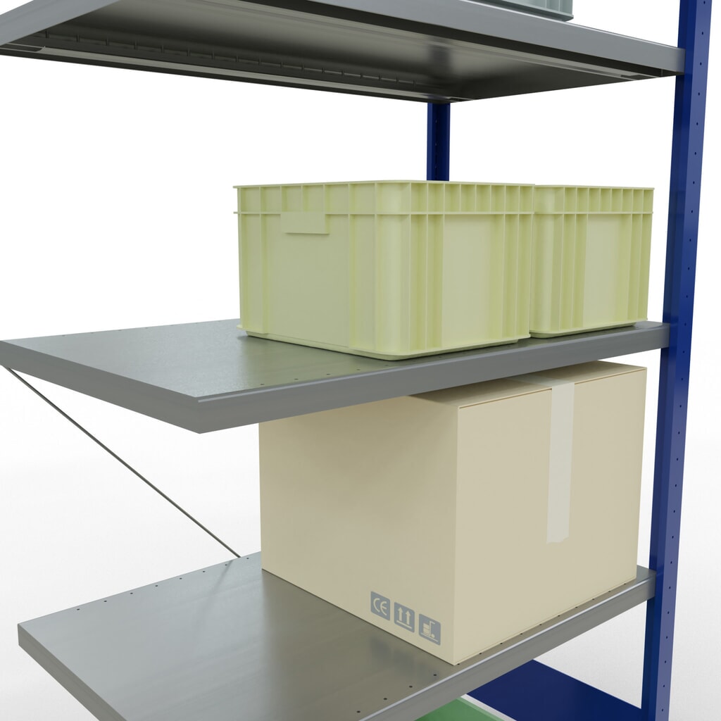 Rayonnage à tablettes SCHULTE, montage par enfichage, travée auxiliaire, charge par tablette 330 kg, bleu gentiane/galvanisé, H x l x P 2000 x 1000 x 600 mm N° de l'image du produit 4 : Rayonnage à tablettes SCHULTE, montage par enfichage, travée auxiliaire, charge par tablette 330 kg, bleu gentiane/galvanisé, H x l x P 2000 x 1000 x 600 mm