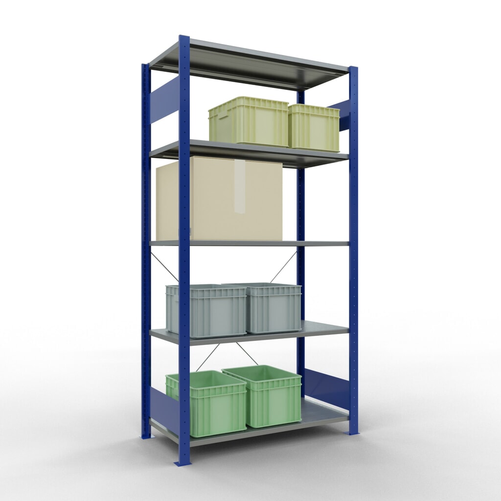 SCHULTE Rayonnage à tablettes, bleu gentiane / galvanisé, avec 5 tablettes en tôle d’acier, charge par tablette 150 kg, HxlxP 2 000 x 1 060 x 536 mm N° de l'image du produit 4 : SCHULTE Rayonnage à tablettes, bleu gentiane / galvanisé, avec 5 tablettes en tôle d’acier, charge par tablette 150 kg, HxlxP 2 000 x 1 060 x 536 mm