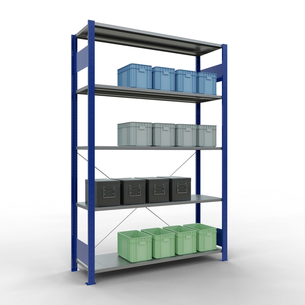 N° de l'image du produit 3 : SCHULTE Rayonnage à tablettes, bleu gentiane / galvanisé, avec 5 tablettes en tôle d’acier, charge par tablette 150 kg, HxlxP 2 000 x 1 360 x 436 mm
