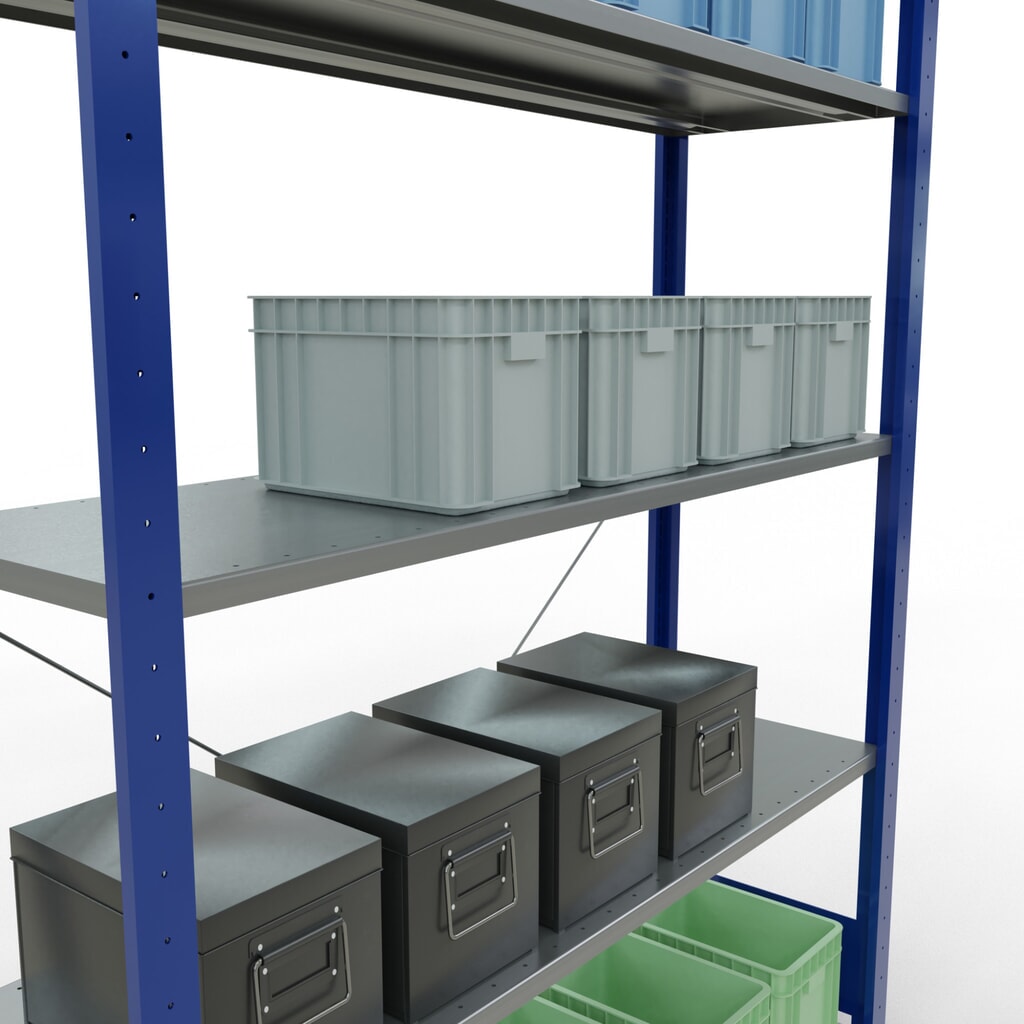 SCHULTE Rayonnage à tablettes, bleu gentiane / galvanisé, avec 5 tablettes en tôle d’acier, charge par tablette 150 kg, HxlxP 2 000 x 1 360 x 436 mm N° de l'image du produit 4 : SCHULTE Rayonnage à tablettes, bleu gentiane / galvanisé, avec 5 tablettes en tôle d’acier, charge par tablette 150 kg, HxlxP 2 000 x 1 360 x 436 mm