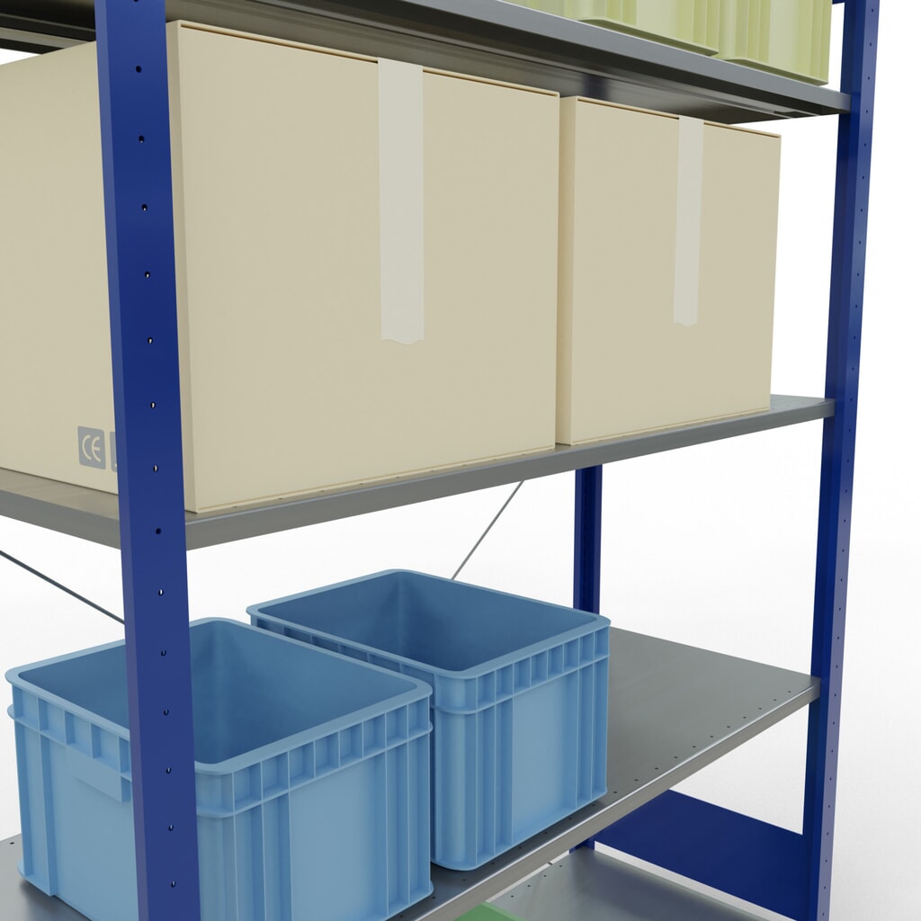 SCHULTE Rayonnage à tablettes, bleu gentiane / galvanisé, avec 5 tablettes en tôle d’acier, charge par tablette 150 kg, HxlxP 2 000 x 1 360 x 536 mm N° de l'image du produit 4 : SCHULTE Rayonnage à tablettes, bleu gentiane / galvanisé, avec 5 tablettes en tôle d’acier, charge par tablette 150 kg, HxlxP 2 000 x 1 360 x 536 mm