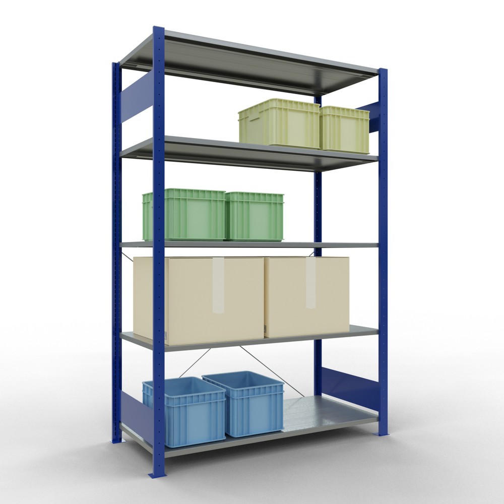 Numéro de l'image du produit 3: SCHULTE Rayonnage à tablettes, bleu gentiane / galvanisé, avec 5 tablettes en tôle d’acier, charge par tablette 150 kg, HxlxP 2 000 x 1 360 x 636 mm