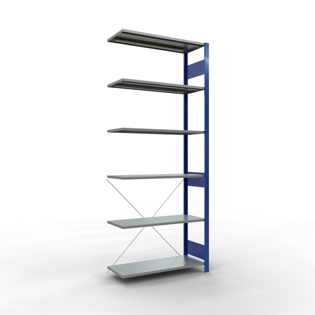 Rayonnage à tablettes SCHULTE, système enfichable, travée auxiliaire, CT 150 kg, bleu gentiane/galvanisé, H x l x P 2 500 x 1 000 x 400 mm N° de l'image du produit 1 : Rayonnage à tablettes SCHULTE, système enfichable, travée auxiliaire, CT 150 kg, bleu gentiane/galvanisé, H x l x P 2 500 x 1 000 x 400 mm