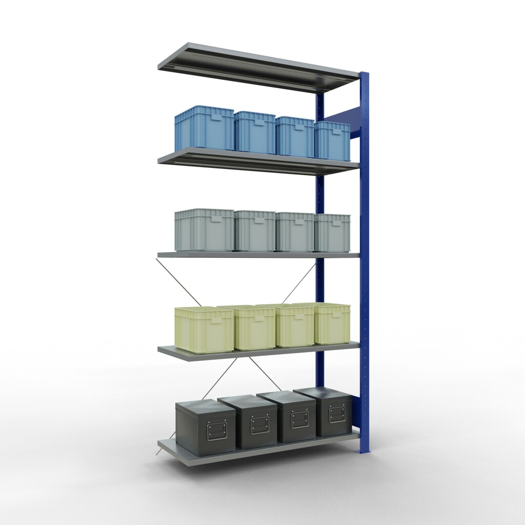 N° de l'image du produit 4 : Rayonnage à tablettes SCHULTE, système enfichable, travée auxiliaire, CT 150 kg, bleu gentiane/galvanisé, H x l x P 2 000 x 1 000 x 400 mm
