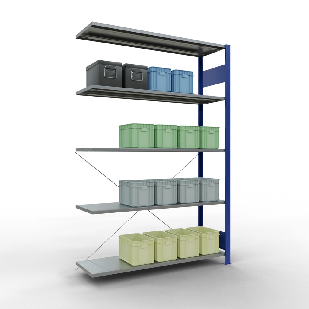 Rayonnage à tablettes SCHULTE, système enfichable, travée auxiliaire, CT 150 kg, bleu gentiane/galvanisé, H x l x P 2 000 x 1 300 x 400 mm N° de l'image du produit 3 : Rayonnage à tablettes SCHULTE, système enfichable, travée auxiliaire, CT 150 kg, bleu gentiane/galvanisé, H x l x P 2 000 x 1 300 x 400 mm