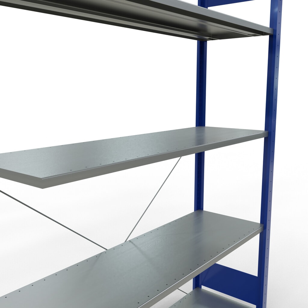 Rayonnage à tablettes SCHULTE, système enfichable, travée auxiliaire, CT 150 kg, bleu gentiane/galvanisé, H x l x P 2 000 x 1 300 x 400 mm N° de l'image du produit 5 : Rayonnage à tablettes SCHULTE, système enfichable, travée auxiliaire, CT 150 kg, bleu gentiane/galvanisé, H x l x P 2 000 x 1 300 x 400 mm