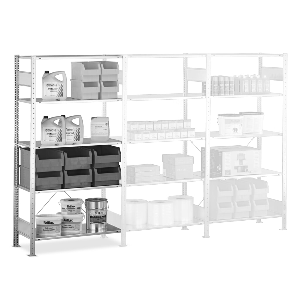 Rayonnage à tablettes SCHULTE, système enfichable, travée auxiliaire, CT 150 kg, galvanisé, H x l x P 2 500 x 1 000 x 400 mm N° de l'image du produit 6 : Rayonnage à tablettes SCHULTE, système enfichable, travée auxiliaire, CT 150 kg, galvanisé, H x l x P 2 500 x 1 000 x 400 mm