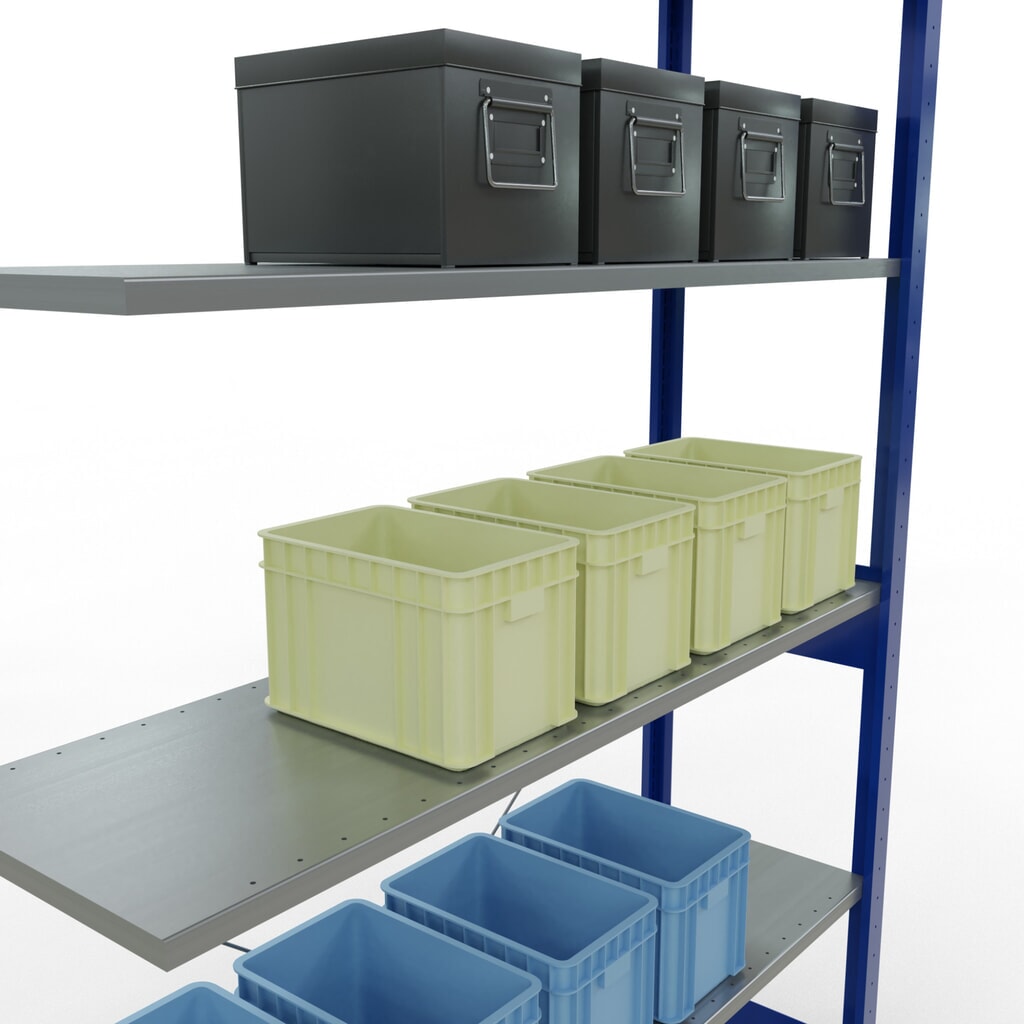 Rayonnage à tablettes SCHULTE, travée auxiliaire, bleu gentiane/galvanisé, CT 150 kg, HxlxP 2 500 x 1 300 x 400 mm N° de l'image du produit 4 : Rayonnage à tablettes SCHULTE, travée auxiliaire, bleu gentiane/galvanisé, CT 150 kg, HxlxP 2 500 x 1 300 x 400 mm
