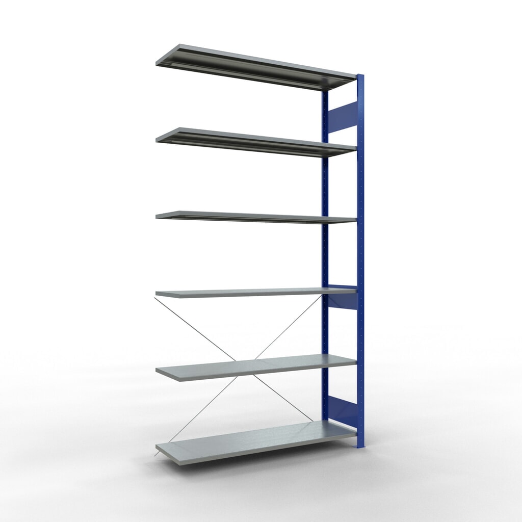 Illustration du produit: Rayonnage à tablettes SCHULTE, travée auxiliaire, bleu gentiane/galvanisé, CT 150 kg, HxlxP 2 500 x 1 300 x 400 mm