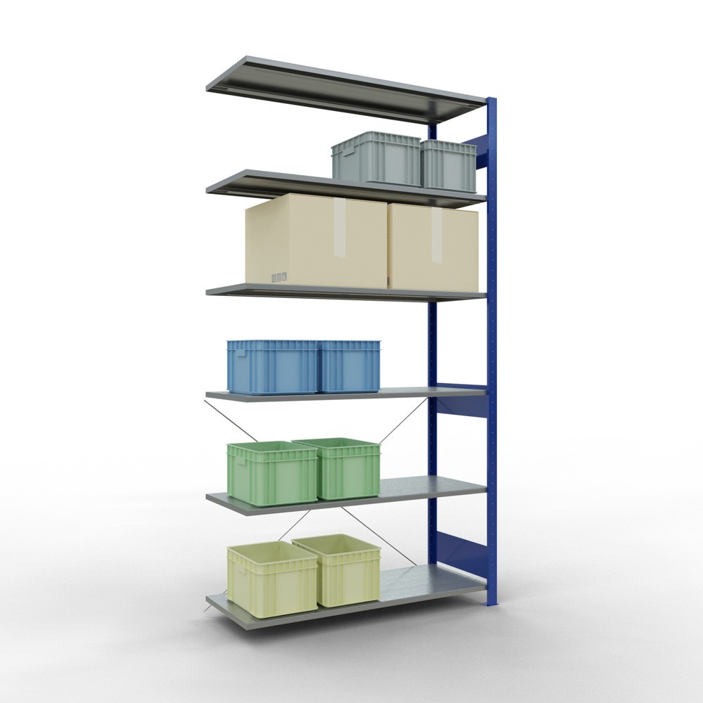 Numéro de l'image du produit 3: Rayonnage à tablettes SCHULTE, travée auxiliaire, bleu gentiane/galvanisé, CT 150 kg, HxlxP 2 500 x 1 300 x 500 mm