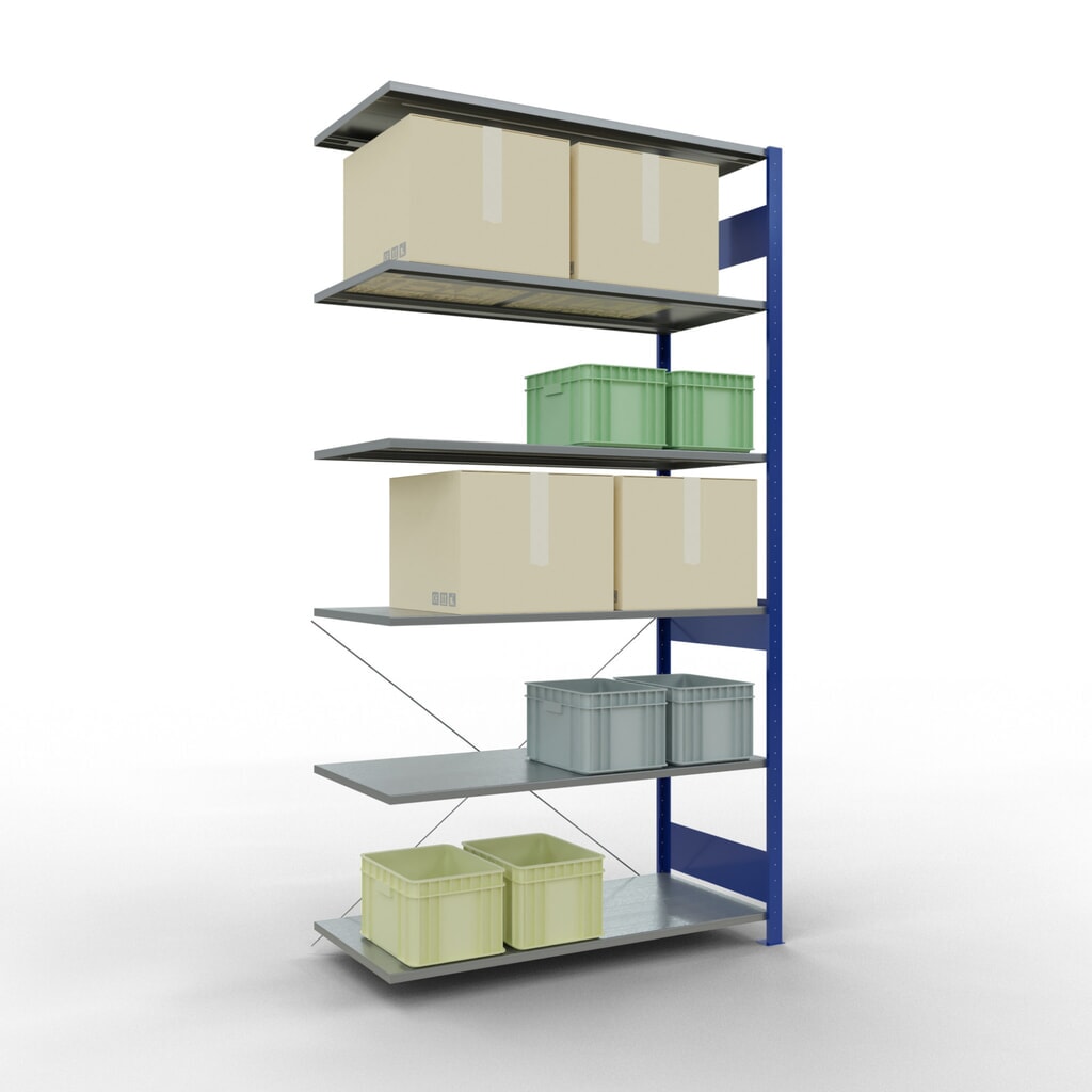 N° de l'image du produit 3 : Rayonnage à tablettes SCHULTE, travée auxiliaire, bleu gentiane/galvanisé, CT 150 kg, HxlxP 2 500 x 1 300 x 600 mm