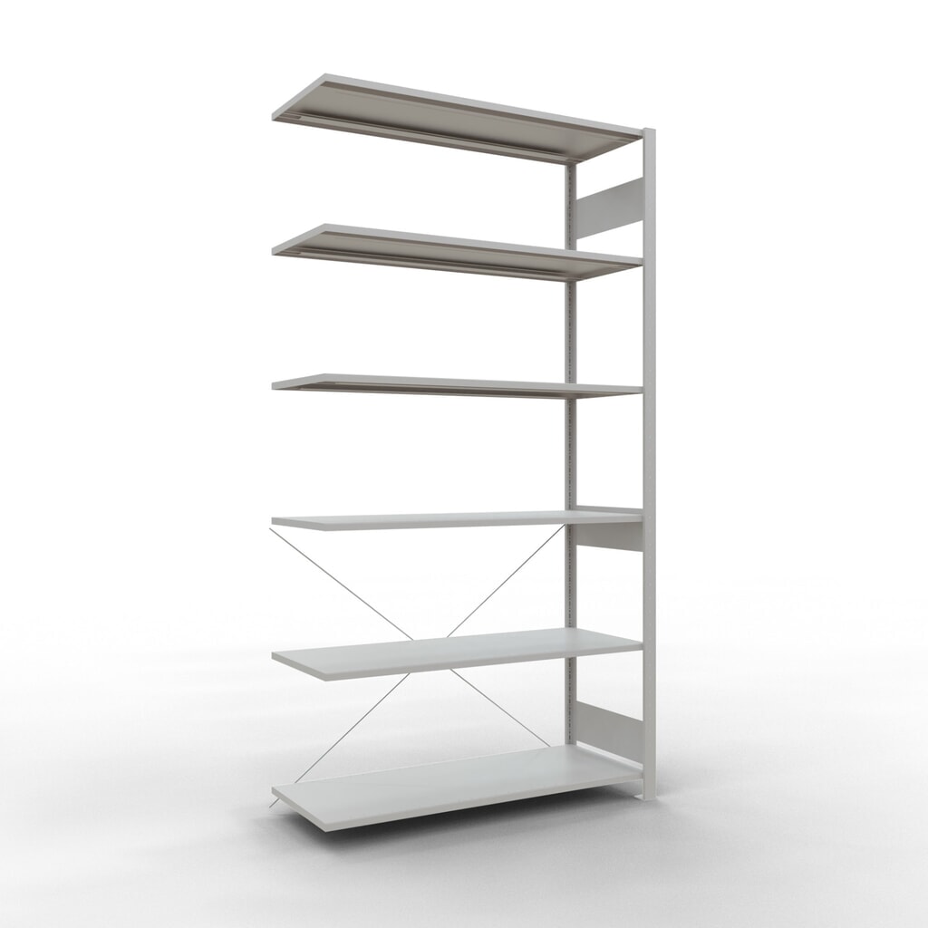 Rayonnage à tablettes SCHULTE, travée auxiliaire, charge par tablette 150 kg, gris clair, HxlxP 2500 x 1300 x 500 mm Illustration du produit: Rayonnage à tablettes SCHULTE, travée auxiliaire, charge par tablette 150 kg, gris clair, HxlxP 2500 x 1300 x 500 mm