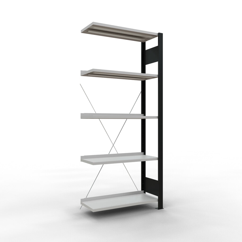 Rayonnage de bureau SCHULTE travée auxiliaire, utilisable d’un seul côté, avec barres de butée, CT 85 kg, noir, HxlxP 1 800 x 750 x 300 mm Illustration du produit: Rayonnage de bureau SCHULTE travée auxiliaire, utilisable d’un seul côté, avec barres de butée, CT 85 kg, noir, HxlxP 1 800 x 750 x 300 mm
