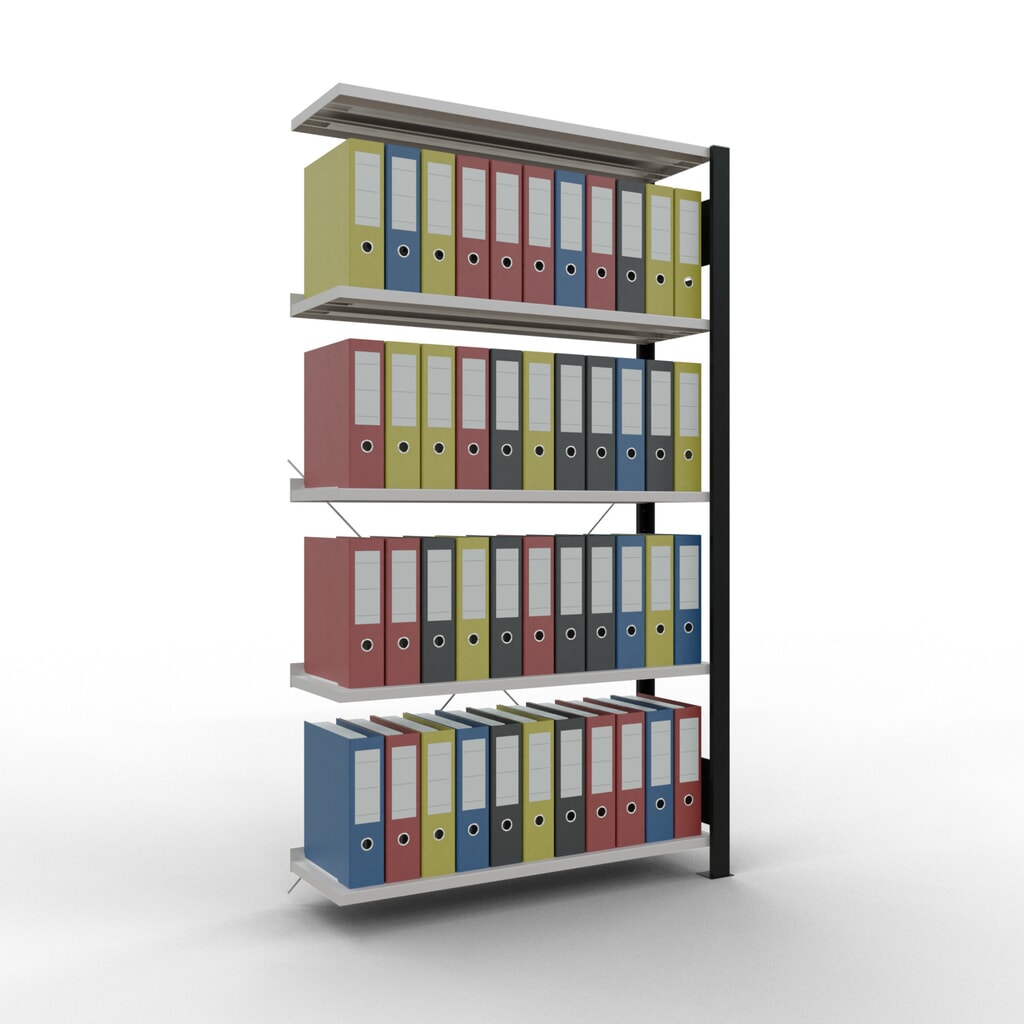 Rayonnage de bureau SCHULTE travée auxiliaire, utilisable d’un seul côté, avec barres de butée, CT 85 kg, noir, HxlxP 1 800 x 1 000 x 300 mm N° de l'image du produit 2 : Rayonnage de bureau SCHULTE travée auxiliaire, utilisable d’un seul côté, avec barres de butée, CT 85 kg, noir, HxlxP 1 800 x 1 000 x 300 mm