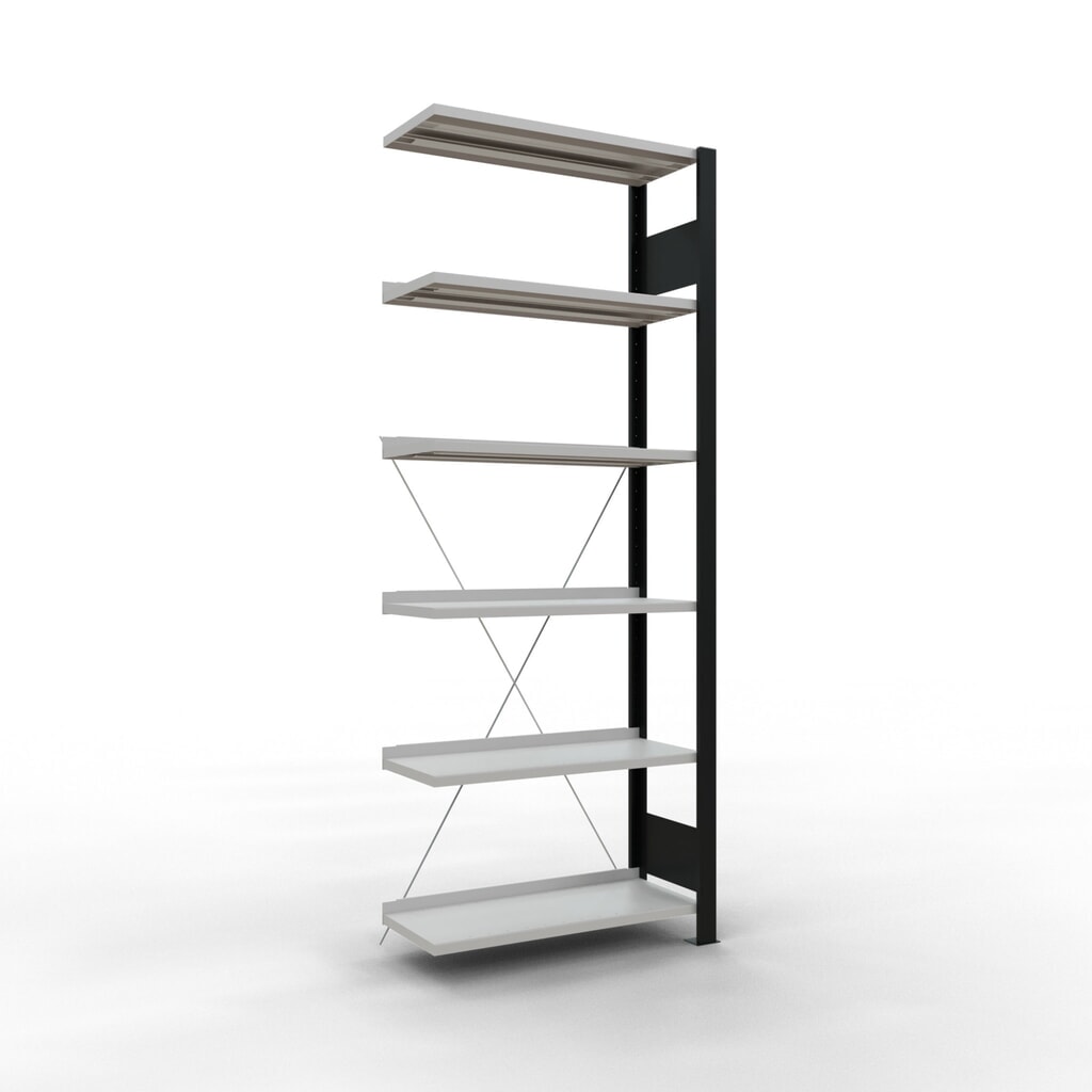 Illustration du produit: Rayonnage de bureau SCHULTE travée auxiliaire, utilisable d’un seul côté, avec barres de butée, CT 85 kg, noir, HxlxP 2 000 x 750 x 300 mm