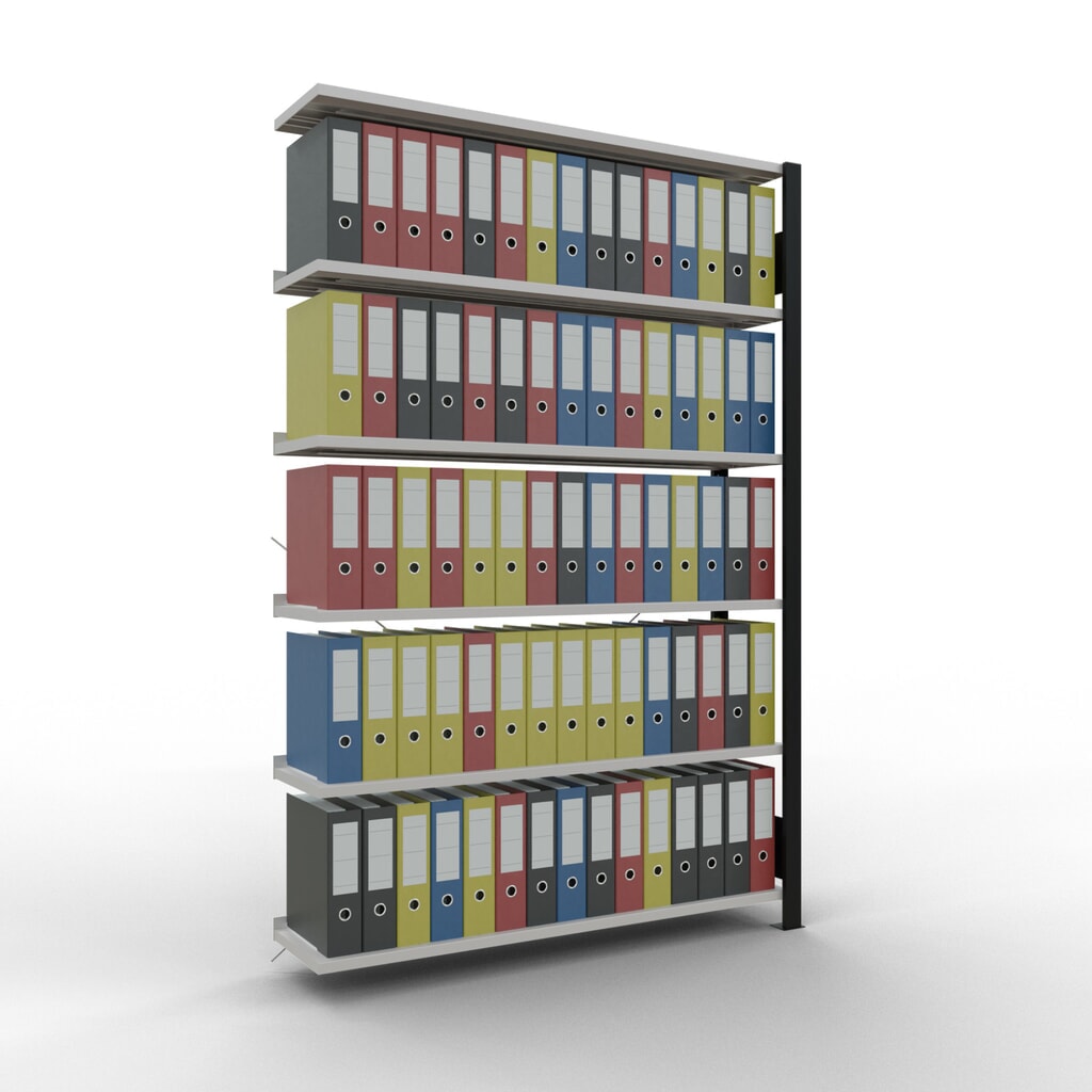 N° de l'image du produit 2 : Rayonnage de bureau SCHULTE travée auxiliaire, utilisable d’un seul côté, avec barres de butée, CT 85 kg, noir, HxlxP 2 000 x 1 300 x 300 mm