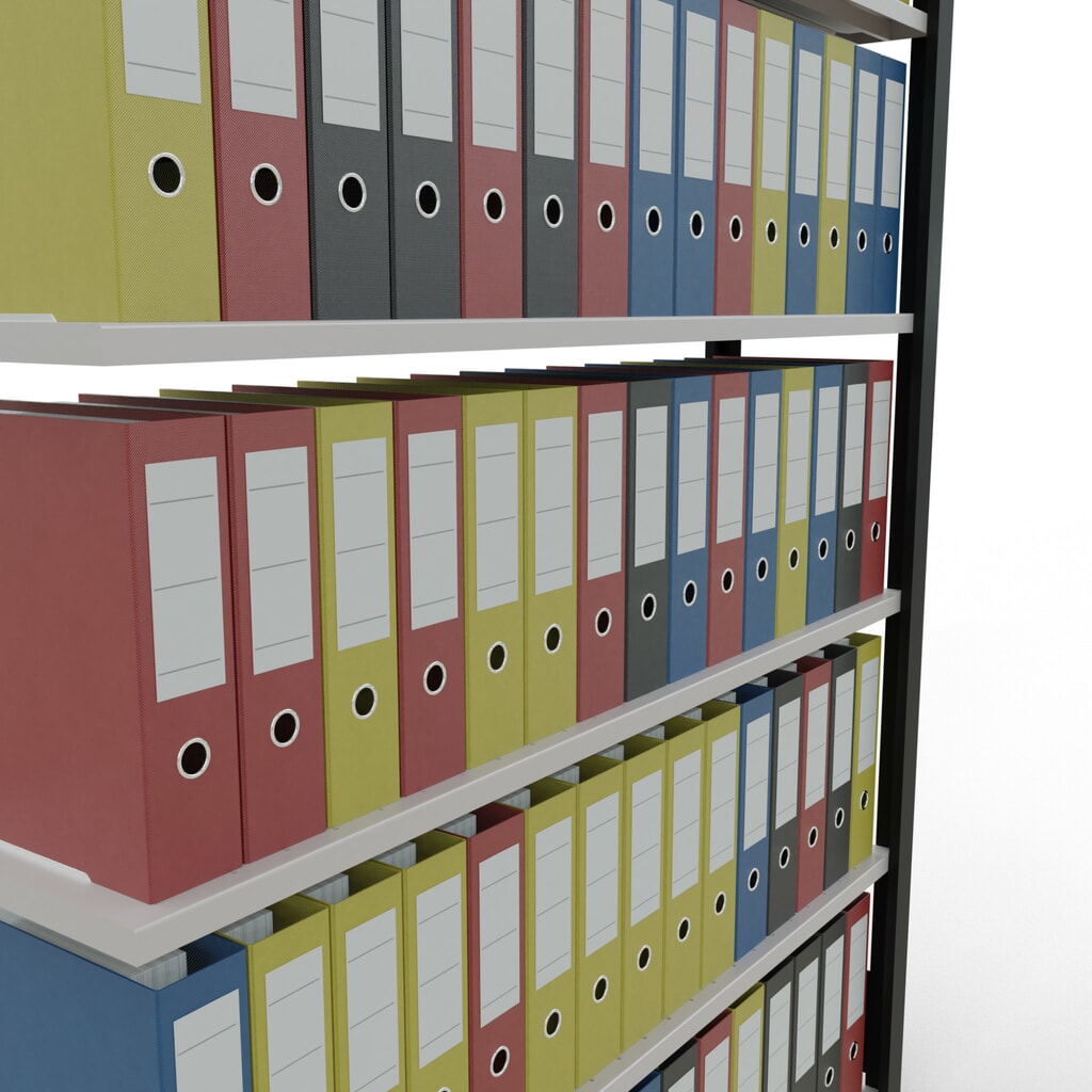 N° de l'image du produit 3 : Rayonnage de bureau SCHULTE travée auxiliaire, utilisable d’un seul côté, avec barres de butée, CT 85 kg, noir, HxlxP 2 000 x 1 300 x 300 mm