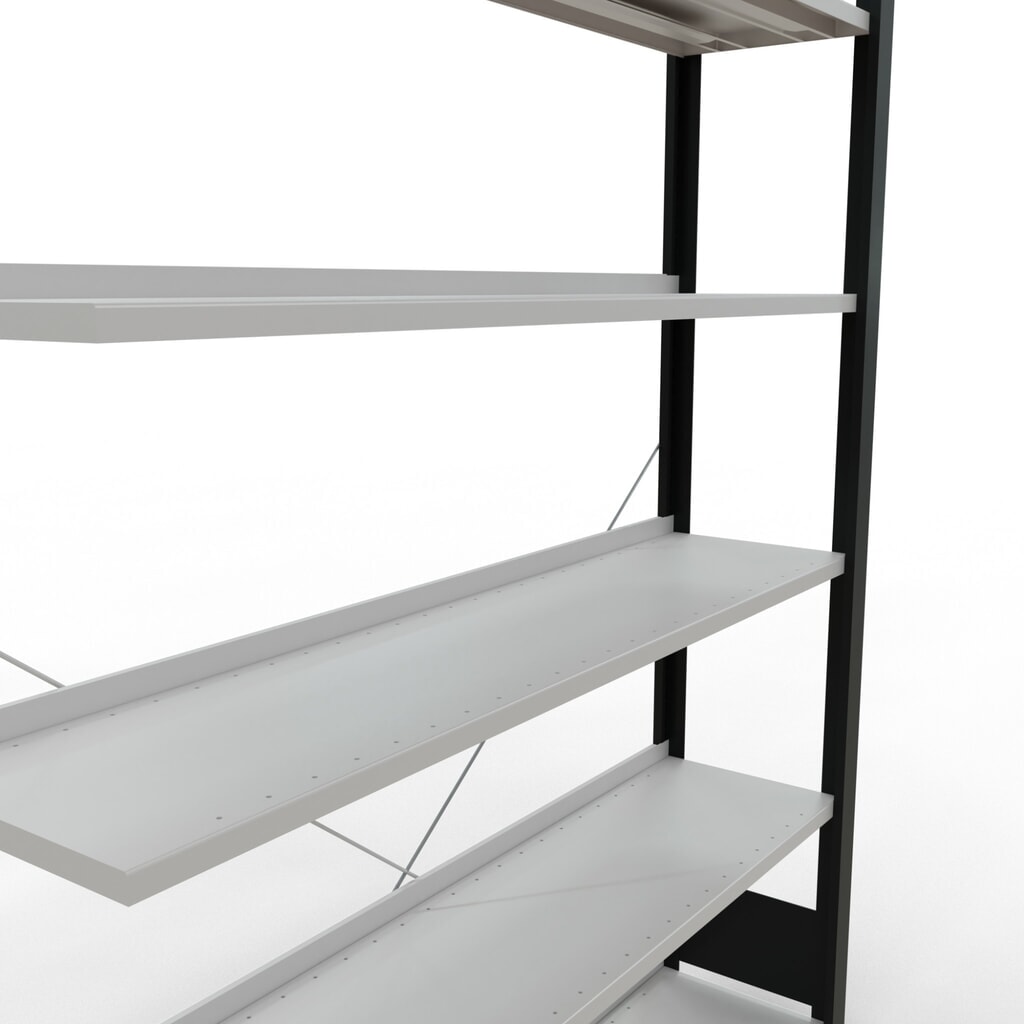 N° de l'image du produit 4 : Rayonnage de bureau SCHULTE travée auxiliaire, utilisable d’un seul côté, avec barres de butée, CT 85 kg, noir, HxlxP 2 000 x 1 300 x 300 mm