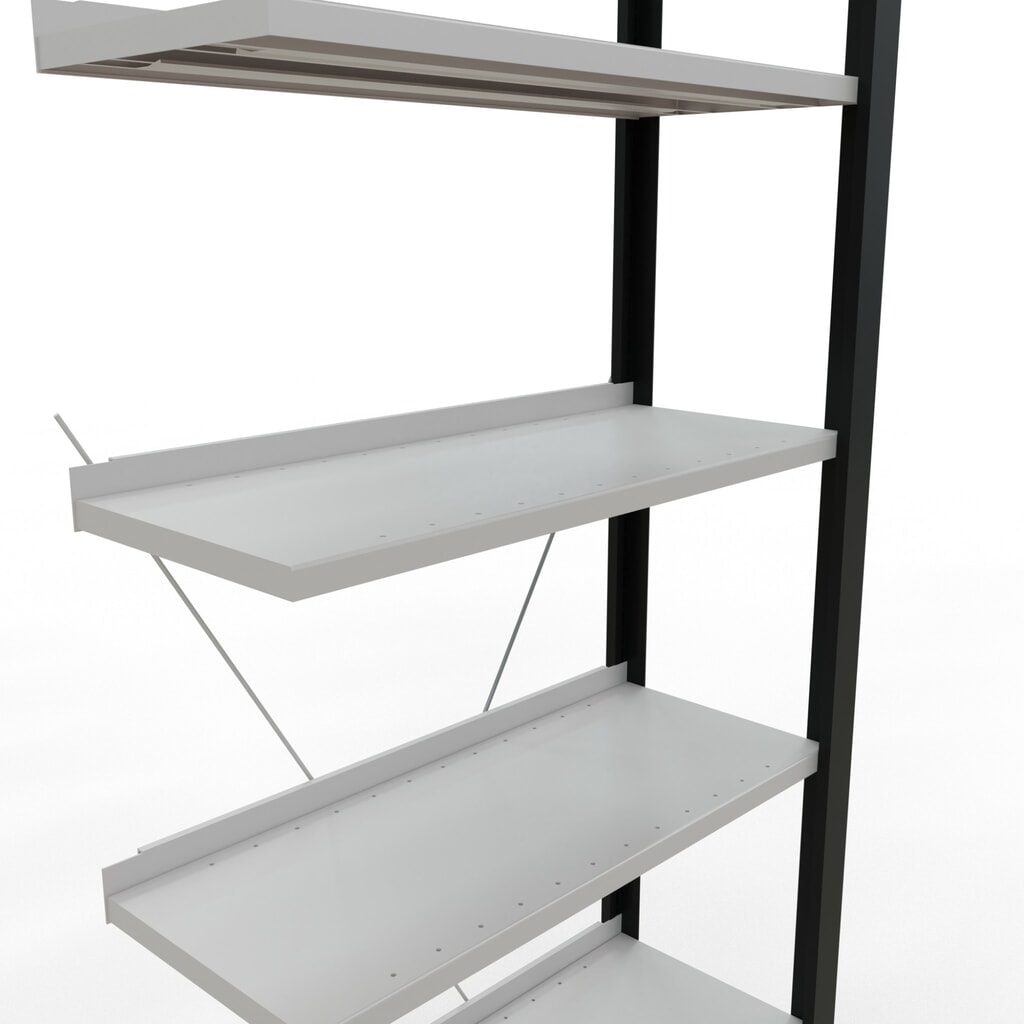 N° de l'image du produit 4 : Rayonnage de bureau SCHULTE travée auxiliaire, utilisable d’un seul côté, avec barres de butée, CT 85 kg, noir, HxlxP 2 300 x 750 x 300 mm