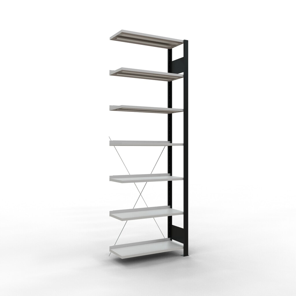 Illustration du produit: Rayonnage de bureau SCHULTE travée auxiliaire, utilisable d’un seul côté, avec barres de butée, CT 85 kg, noir, HxlxP 2 300 x 750 x 300 mm
