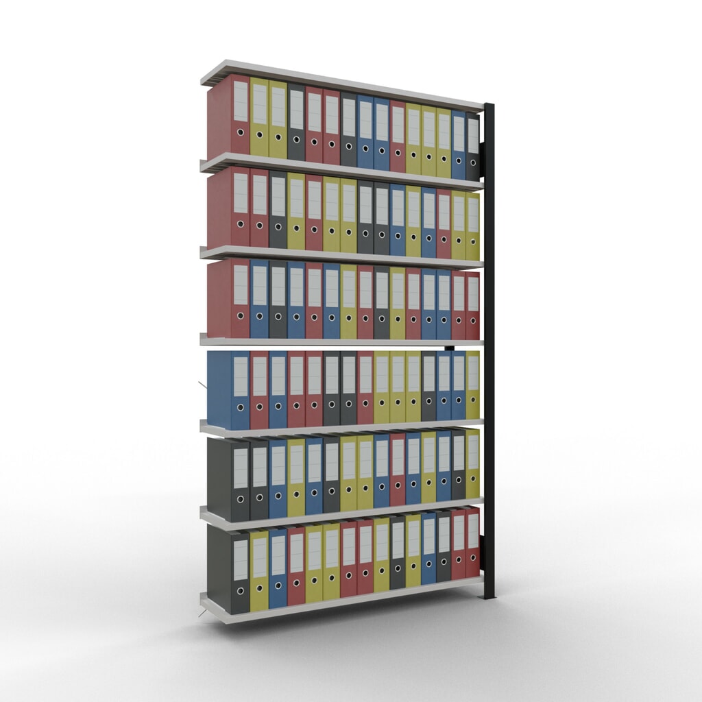 Rayonnage de bureau SCHULTE travée auxiliaire, utilisable d’un seul côté, avec barres de butée, CT 85 kg, noir, HxlxP 2 300 x 1 300 x 300 mm N° de l'image du produit 2 : Rayonnage de bureau SCHULTE travée auxiliaire, utilisable d’un seul côté, avec barres de butée, CT 85 kg, noir, HxlxP 2 300 x 1 300 x 300 mm