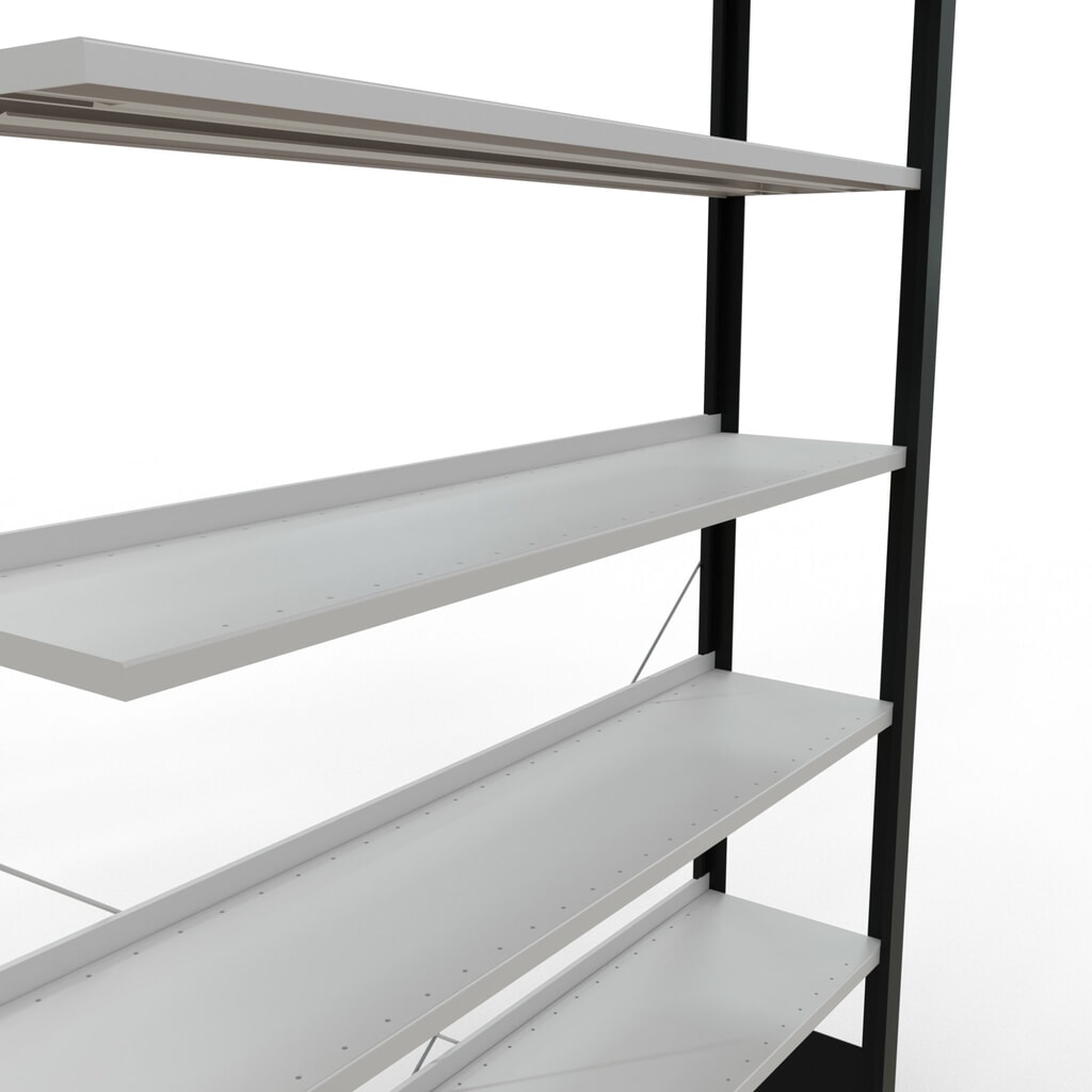 Rayonnage de bureau SCHULTE travée auxiliaire, utilisable d’un seul côté, avec barres de butée, CT 85 kg, noir, HxlxP 2 300 x 1 300 x 300 mm N° de l'image du produit 4 : Rayonnage de bureau SCHULTE travée auxiliaire, utilisable d’un seul côté, avec barres de butée, CT 85 kg, noir, HxlxP 2 300 x 1 300 x 300 mm