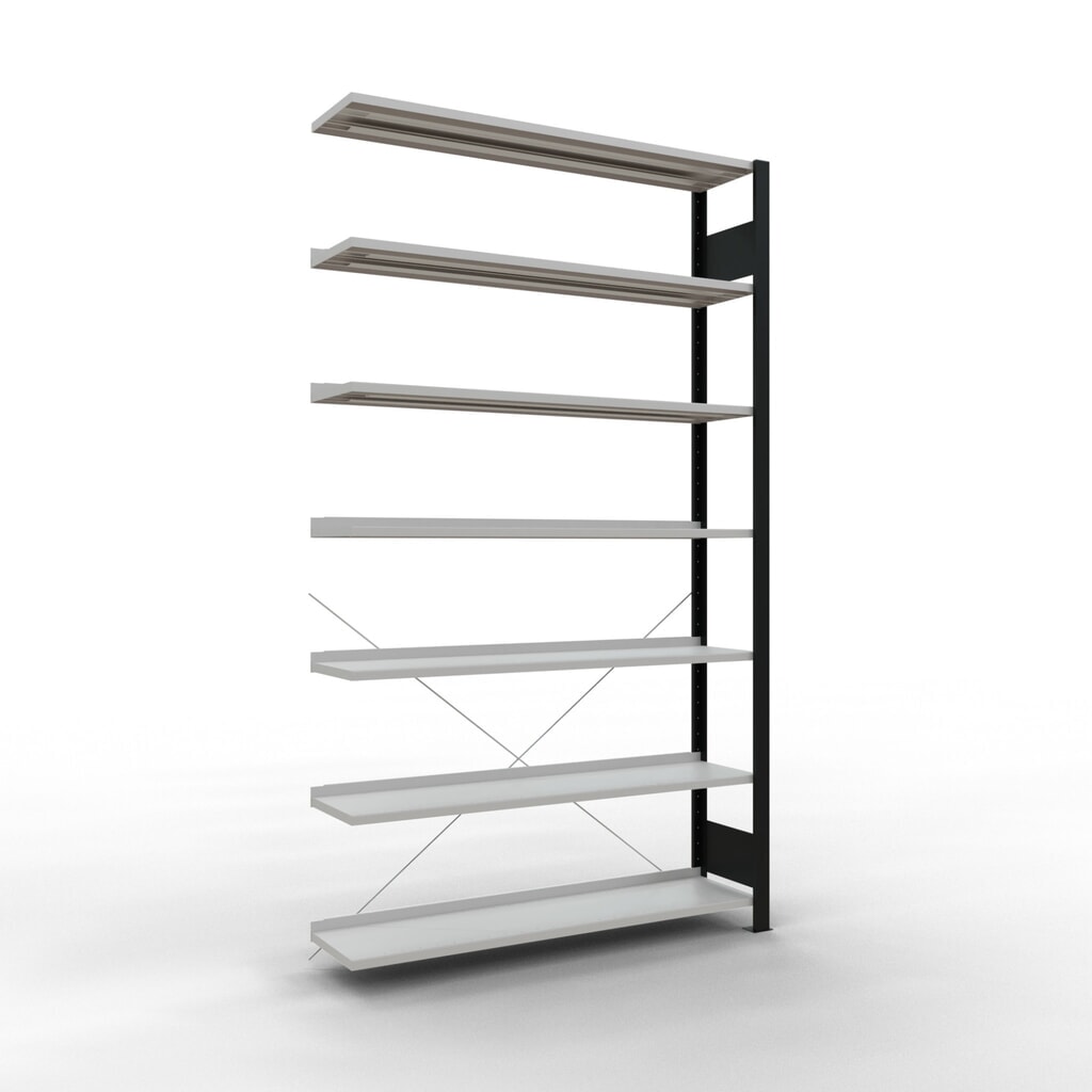 Illustration du produit: Rayonnage de bureau SCHULTE travée auxiliaire, utilisable d’un seul côté, avec barres de butée, CT 85 kg, noir, HxlxP 2 300 x 1 300 x 300 mm