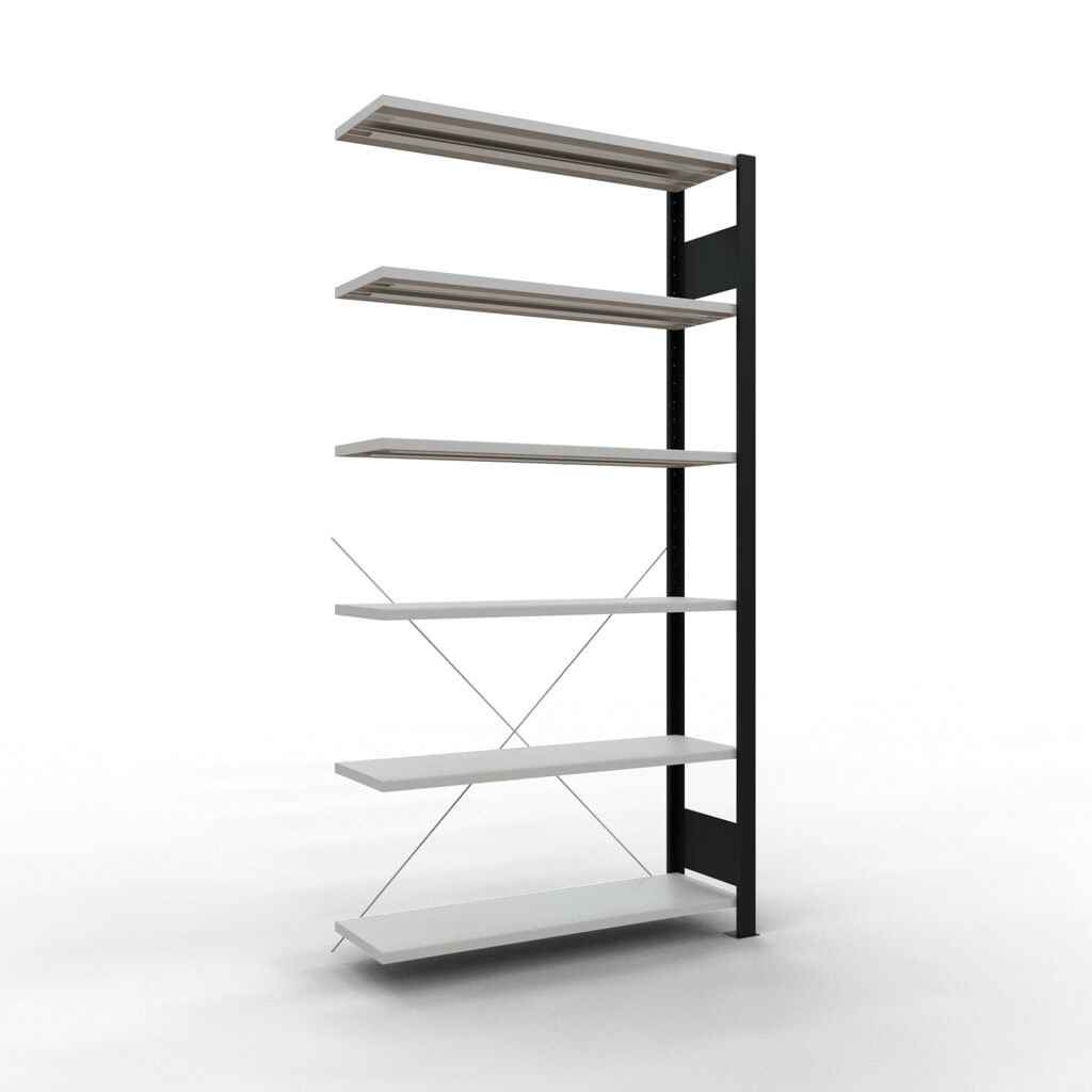 Illustration du produit: Rayonnage de bureau SCHULTE travée auxiliaire, utilisable d’un seul côté, sans barres de butée, CT 85 kg, noir, HxlxP 2 000 x 1 000 x 300 mm