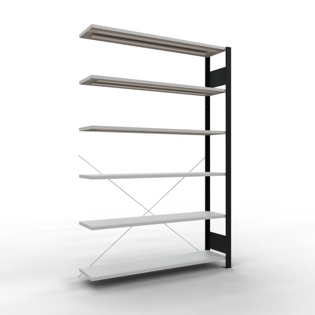 Illustration du produit: Rayonnage de bureau SCHULTE travée auxiliaire, utilisable d’un seul côté, sans barres de butée, CT 85 kg, noir, HxlxP 2 000 x 1 300 x 300 mm