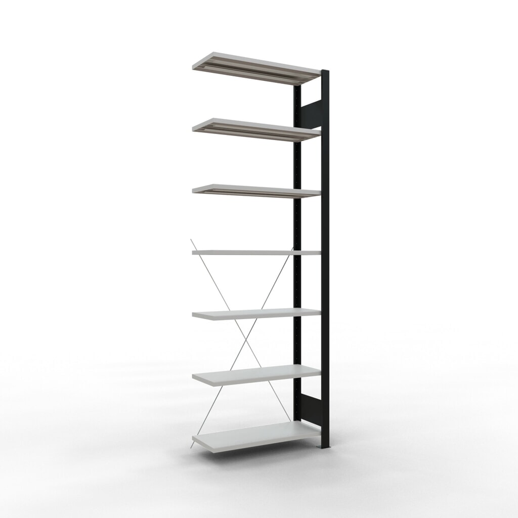 Rayonnage de bureau SCHULTE travée auxiliaire, utilisable d’un seul côté, sans barres de butée, CT 85 kg, noir, HxlxP 2 300 x 750 x 300 mm Illustration du produit: Rayonnage de bureau SCHULTE travée auxiliaire, utilisable d’un seul côté, sans barres de butée, CT 85 kg, noir, HxlxP 2 300 x 750 x 300 mm