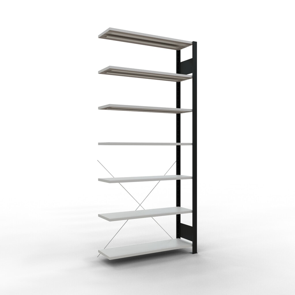 Rayonnage de bureau SCHULTE travée auxiliaire, utilisable d’un seul côté, sans barres de butée, CT 85 kg, noir, HxlxP 2 300 x 1 000 x 300 mm Illustration du produit: Rayonnage de bureau SCHULTE travée auxiliaire, utilisable d’un seul côté, sans barres de butée, CT 85 kg, noir, HxlxP 2 300 x 1 000 x 300 mm